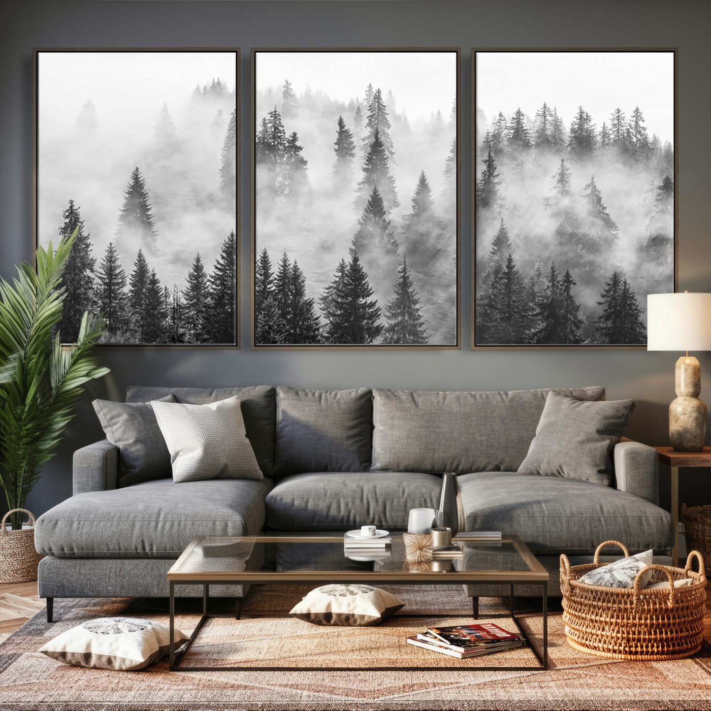 10422-MGV-CV-36X24 - Forest Wall Art Print | Foggy Pine Forest Canvas Wall Art - Black and White Nature Decor for Living