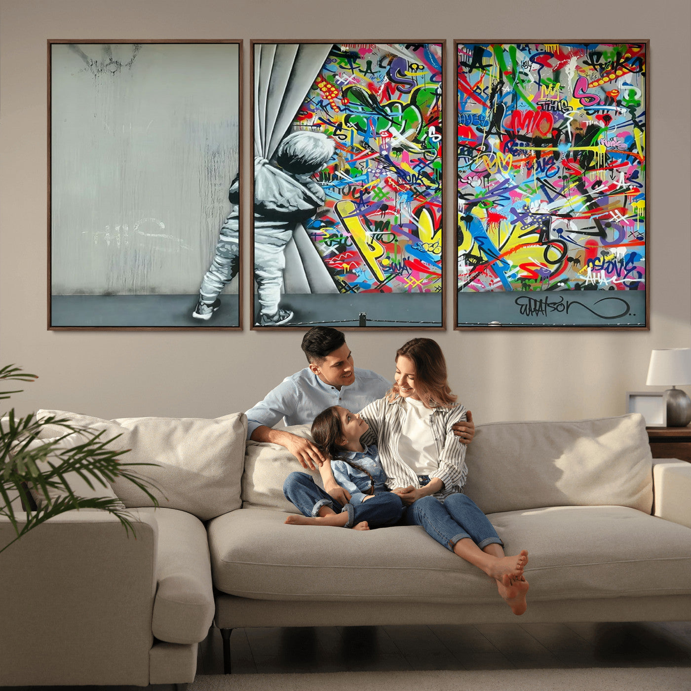 51713-MGV-CV-36X24-Banksy Colorful Street Graffiti Canvas Wall Art Print, Modern Art Triptych, Child and Graffiti Wall,