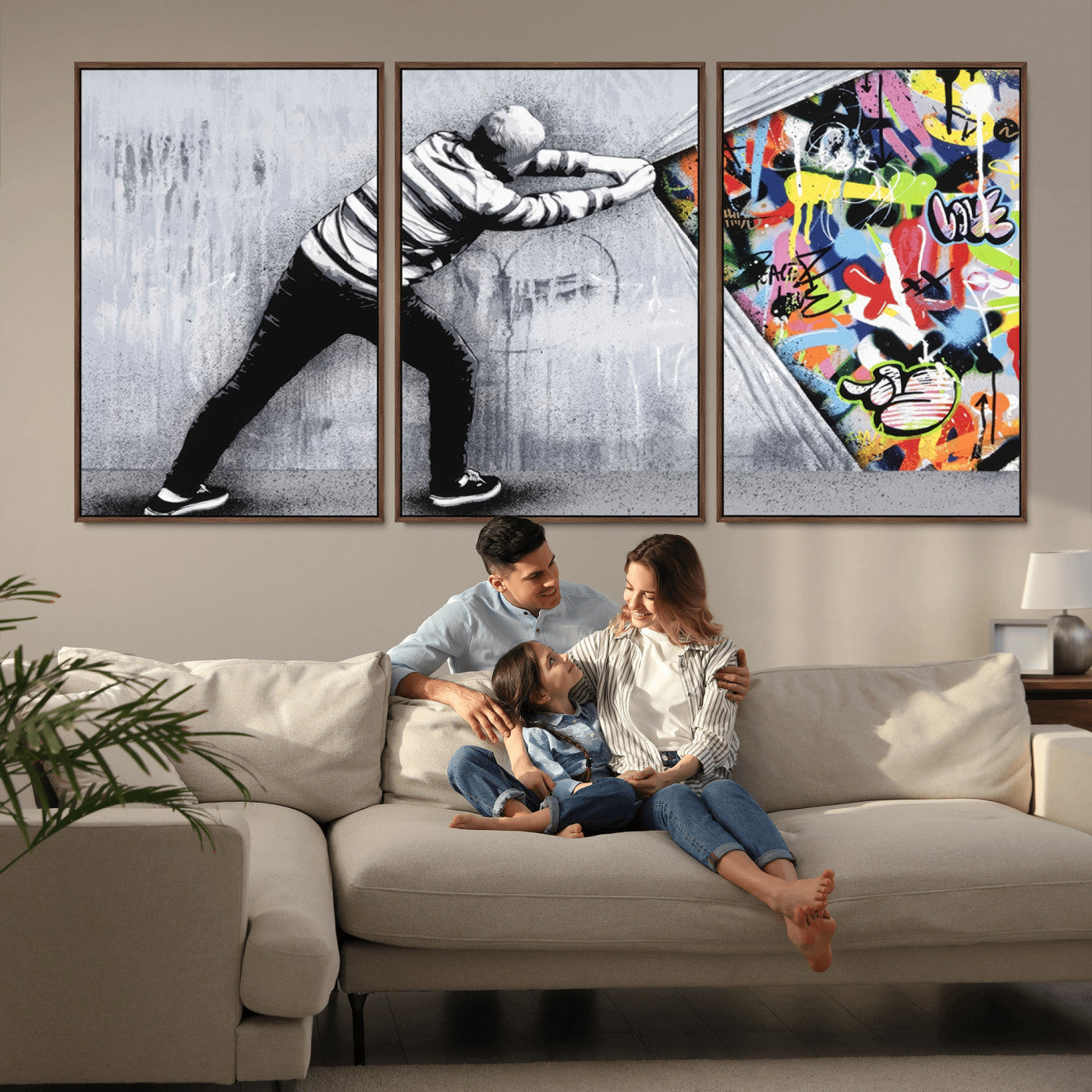 52252-MGV-CV-36X24-Banksy Art Behind the Curtain Street Wall Art Canvas Print | 3-Panel Urban Graffiti-Inspired Wall