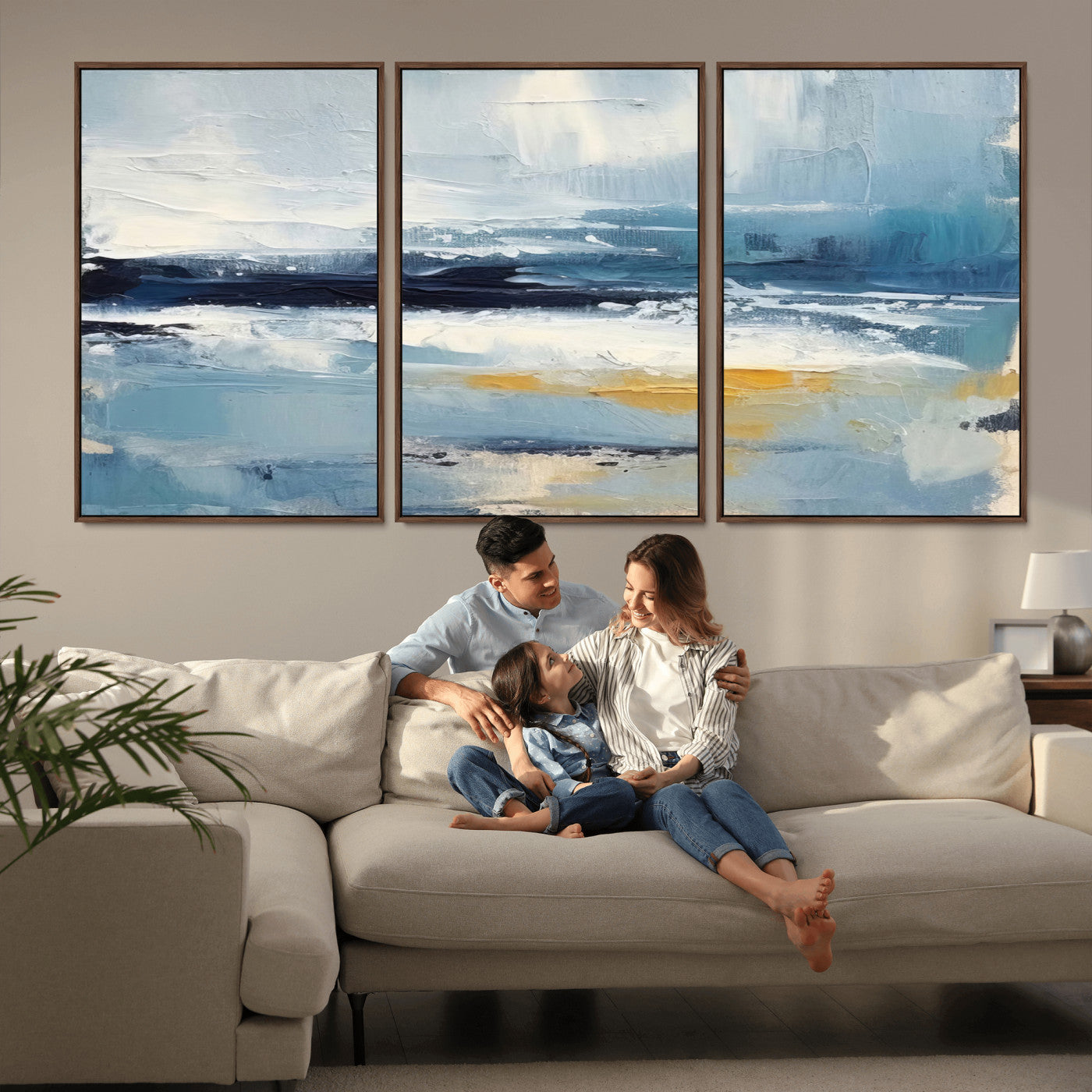 19746-MGV-CV-36X24-Abstract Ocean Canvas Wall Art - Coastal Blue and Gold Textured Painting, Modern Seascape Decor for