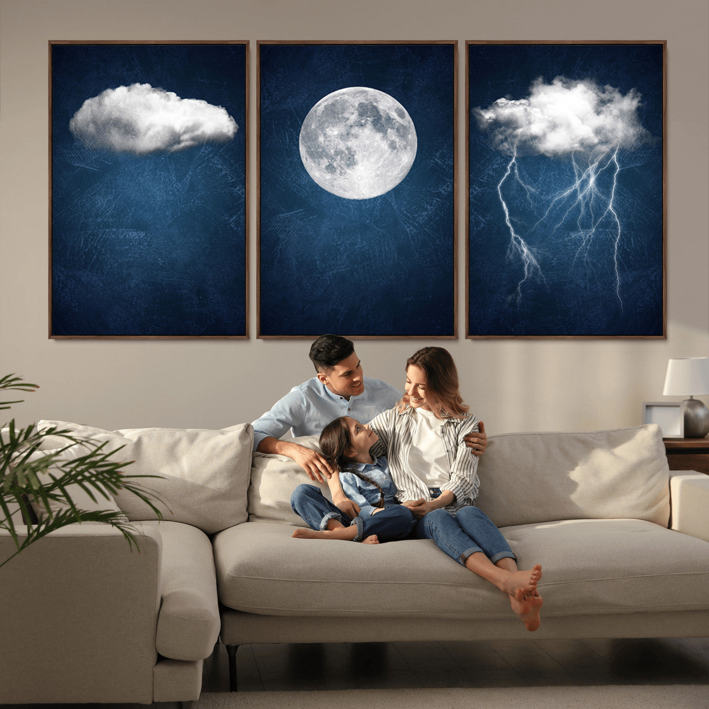 96569-MGV-CV-36X24-Dark Blue Cloud Art, 3 Piece Indigo Blue Wall Art, Aesthetic Surreal Art, Thunderstorm Moon Cloud