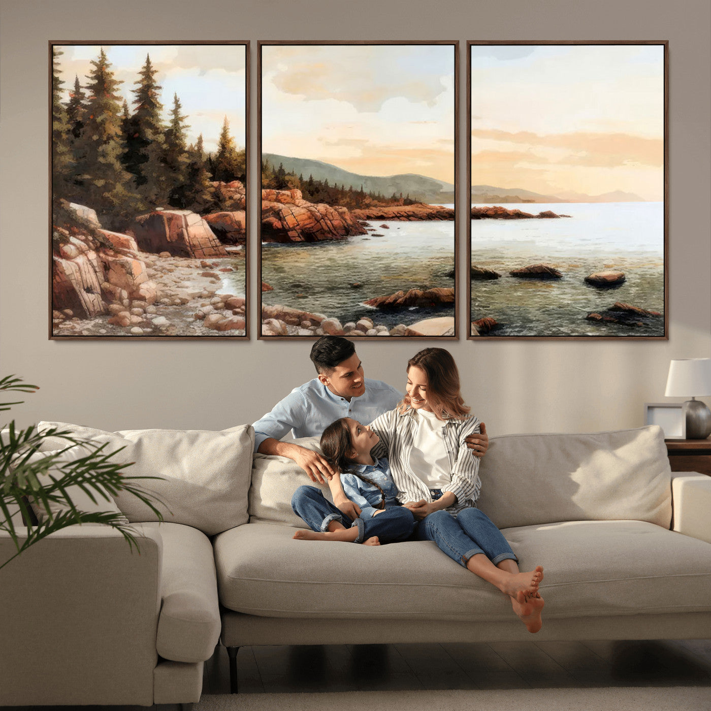 77145-MGV-FC-60X30-3P_Walnut-Serene Coastal View of Acadia National Park Wall Art - Stunning 3-Panel Wall Art Canvas Print,