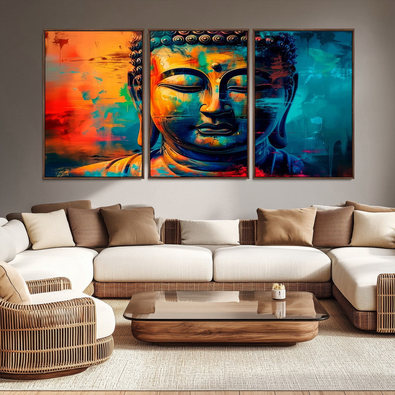 A vibrant, abstract artistic rendition of a Buddha statue face, blending bold and contrasting colors to evoke a sense of peace, spirituality, and enlightenment.