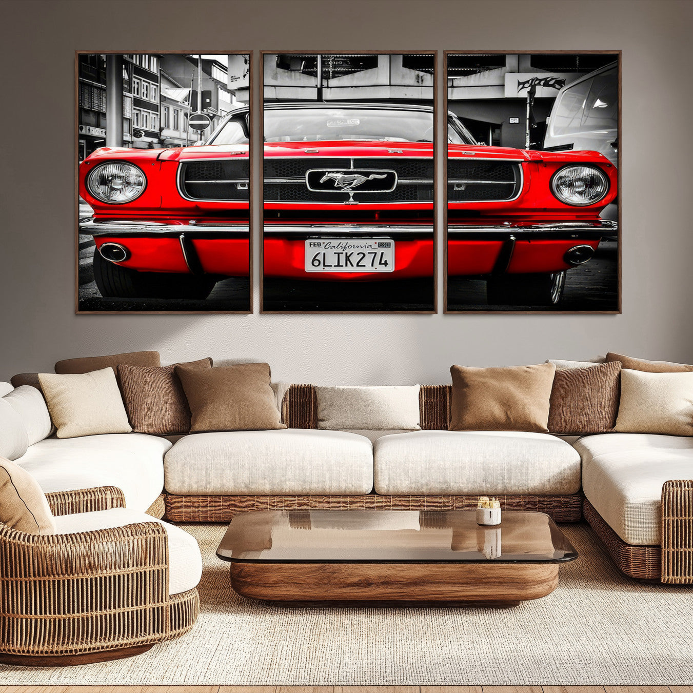 20365-MGV-CV-48X32-3P-Red Mustang Car Wall Art – Framed Classic Vehicle Canvas Artwork, Black White Urban Design, Decor for Home, Office