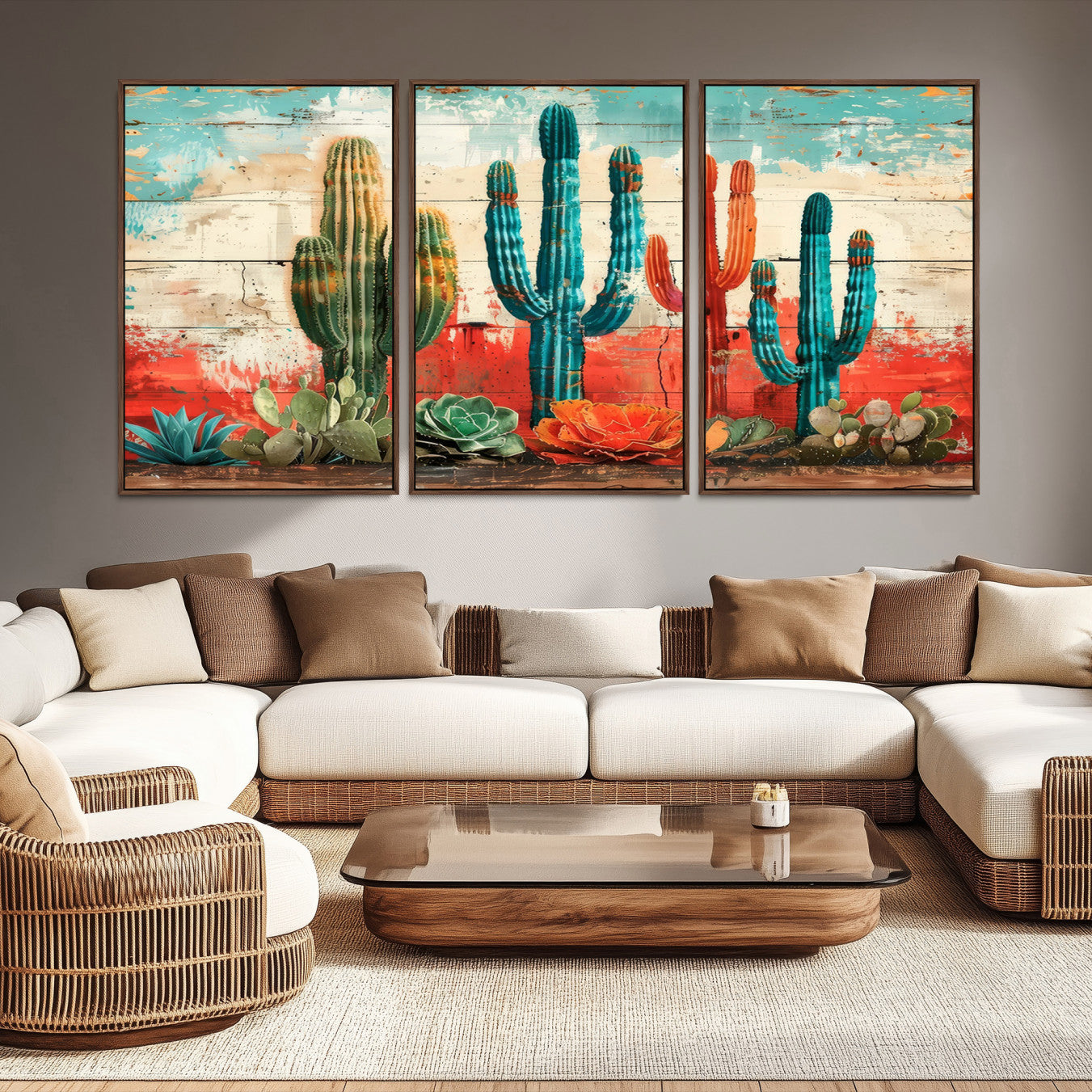 A vivid southwestern-style artwork featuring an eclectic mix of cacti and succulents painted against a textured, rustic wood backdrop in rich turquoise, red, and orange hues.