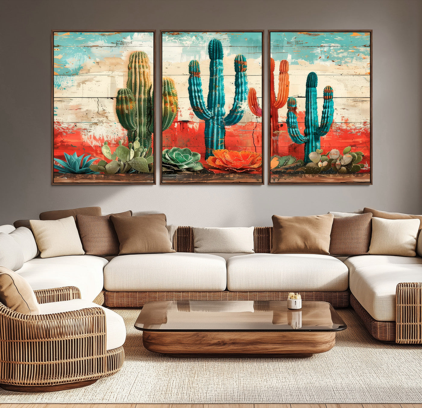 A vivid southwestern-style artwork featuring an eclectic mix of cacti and succulents painted against a textured, rustic wood backdrop in rich turquoise, red, and orange hues.