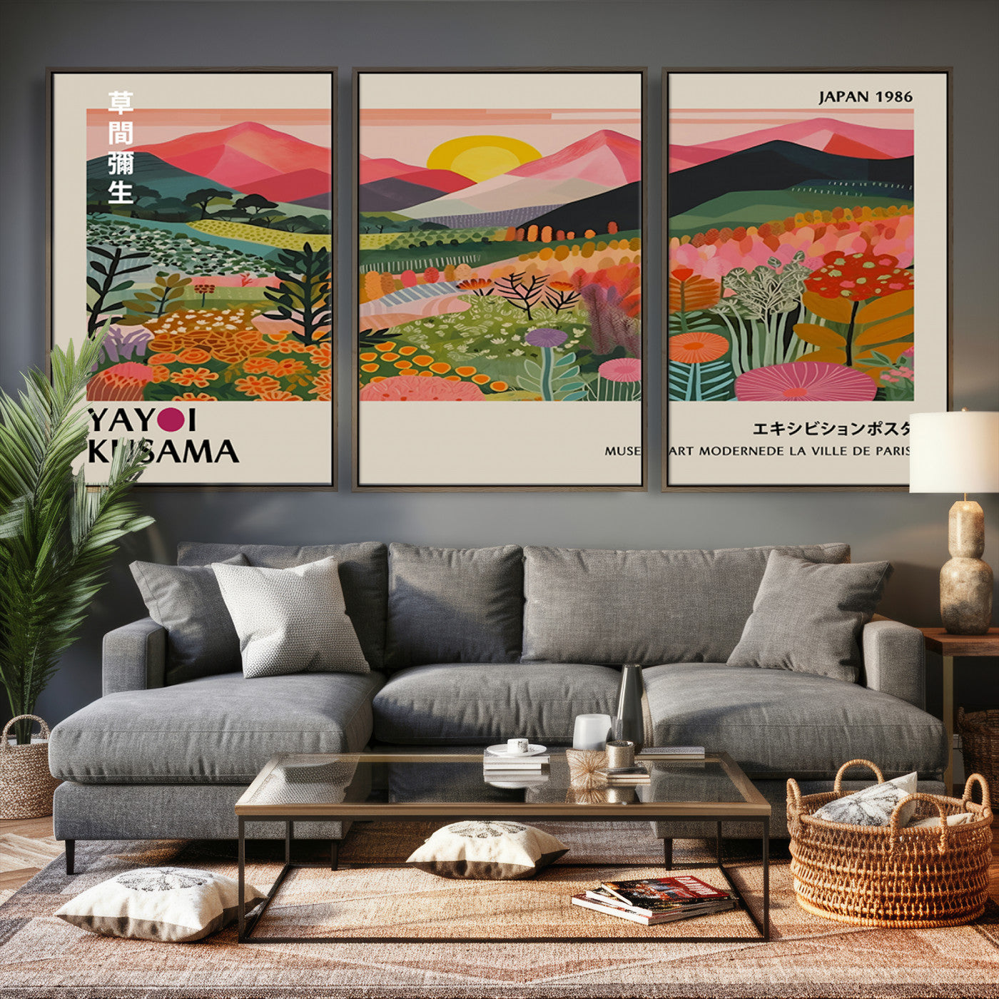 30051-MGV-CV-36X24 - Yayoi Kusama Landscape Canvas Print, Vibrant Floral Mountain Art Print, Framed Botanical Wall Art