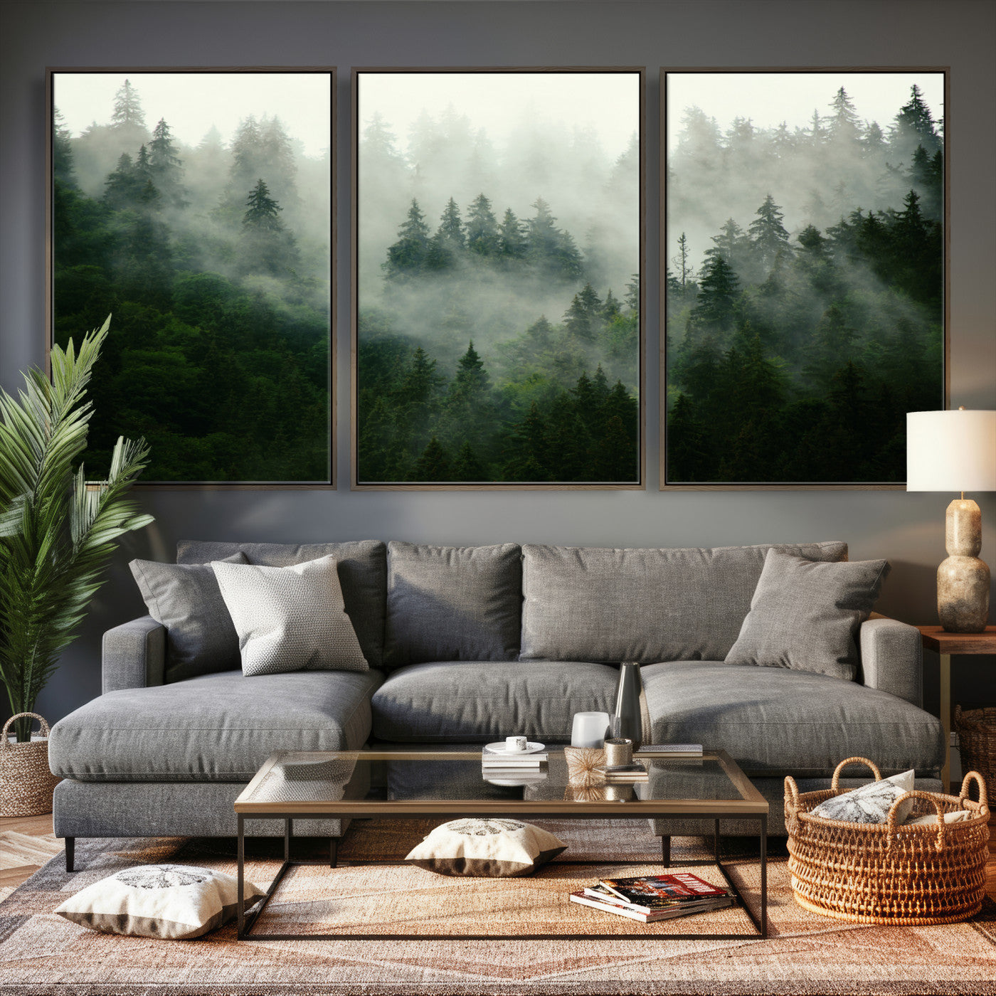 167720496-MGV-CV-36X24 - Misty Forest Mountain Wall Art Canvas | Large 3-Panel Foggy Landscape Canvas Print | Nature Misty