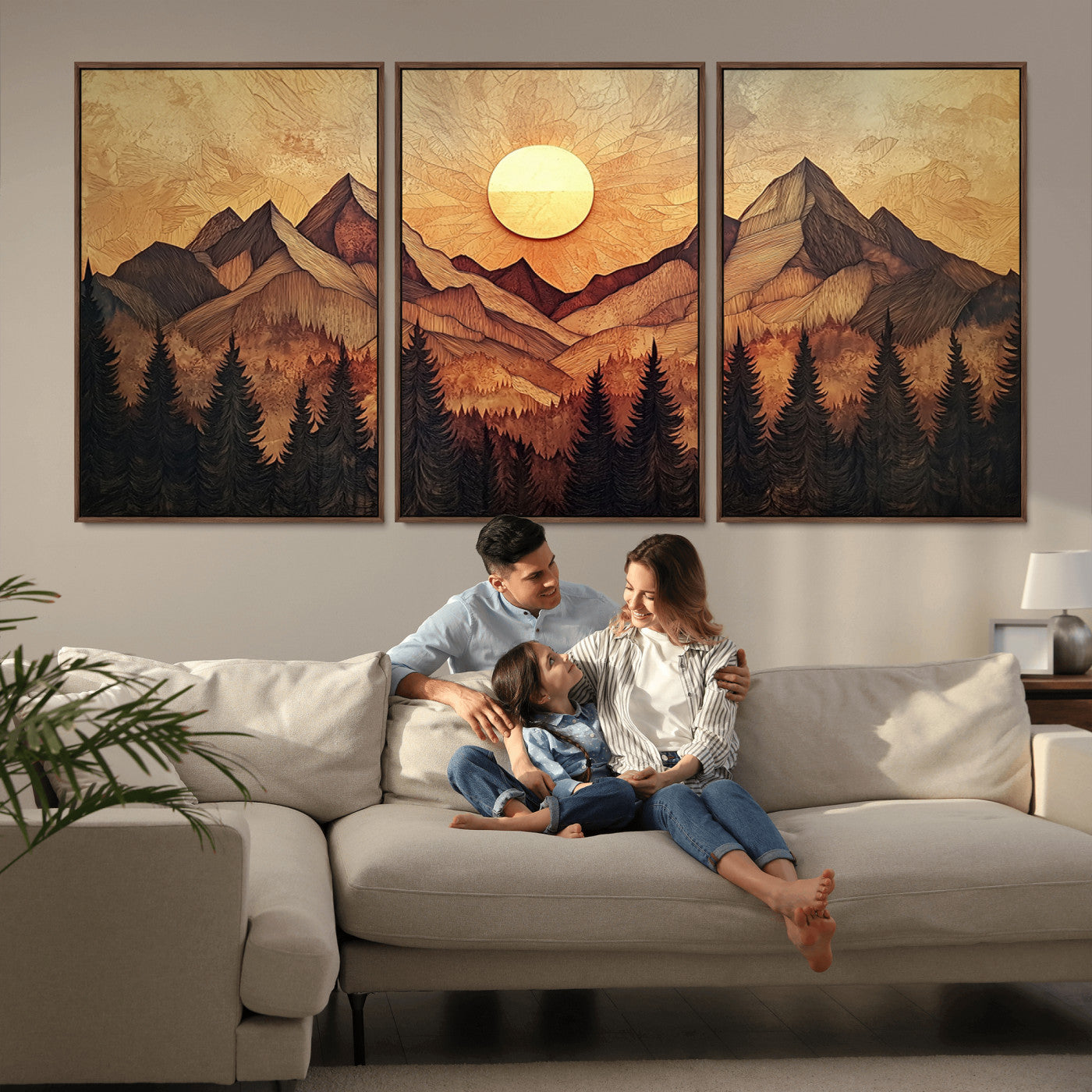 71340-MGV-CV-36X24-Wood Style Abstract Mountain Sunset Canvas Wall Art Print - Warm Earth Nature-Inspired Decor for