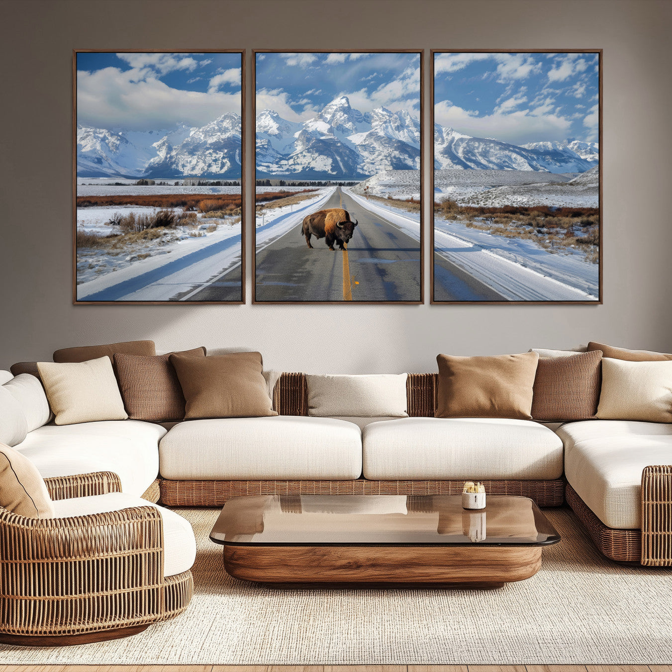A powerful bison stands on a snow-dusted road beneath the towering peaks of the Grand Tetons, capturing the untamed beauty of America's winter wilderness.