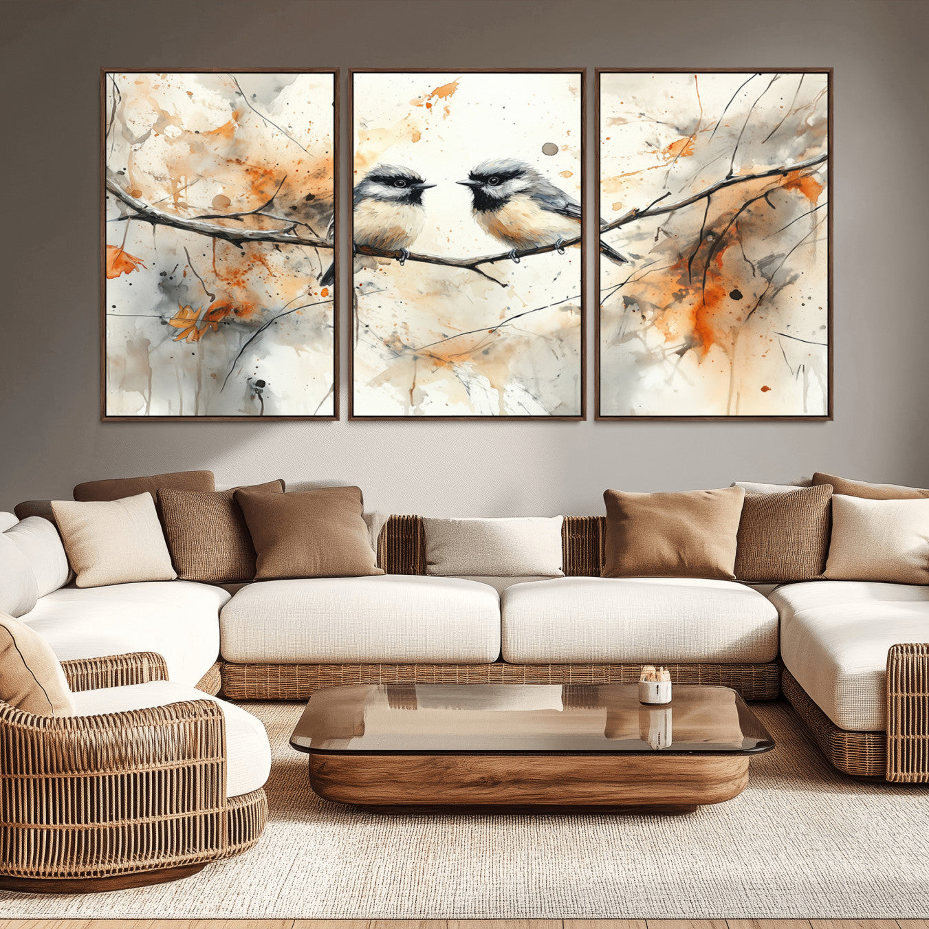 98244-MGV-CV-48X32-3P-Beautiful Birds Wall Art – Framed Watercolor Branch Canvas Artwork, Elegant Nature Design, Vibrant Decor for Home, Office
