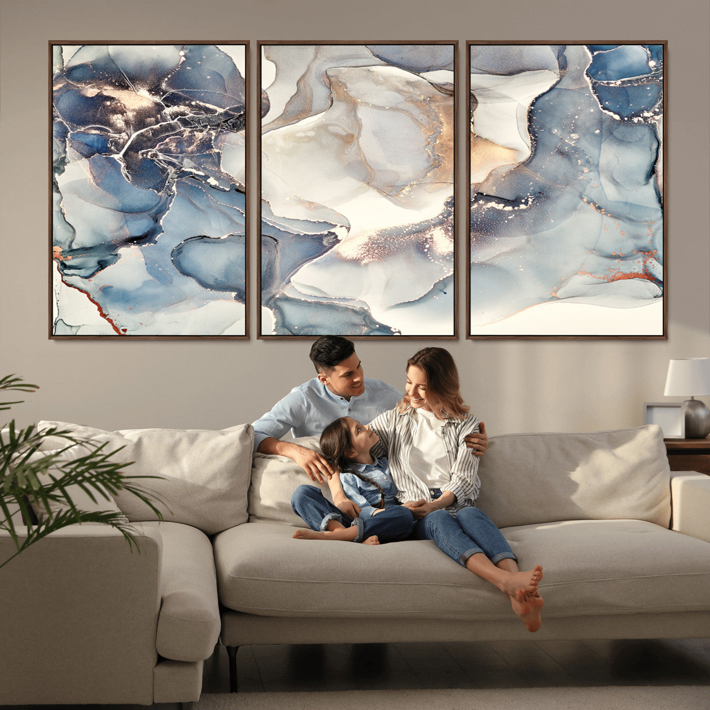 51497-MGV-CV-36X24-Abstract Blue and Gold Canvas Wall Art - Fluid Modern Ink Artwork - Modern Luxury Wall Decor for