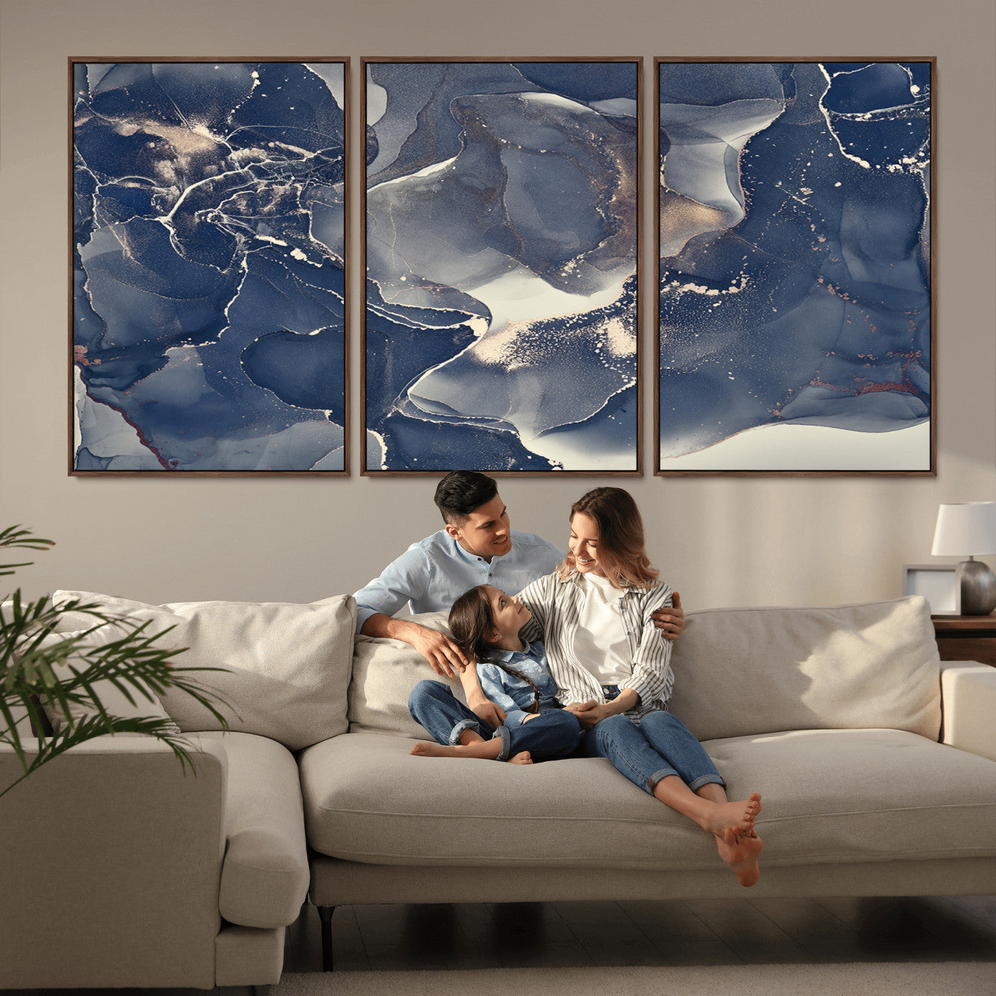 28282-MGV-CV-36X24-Large Abstract Blue and Gold Canvas Wall Art | Fluid Ink Artwork Print | Luxury Wall Decor for