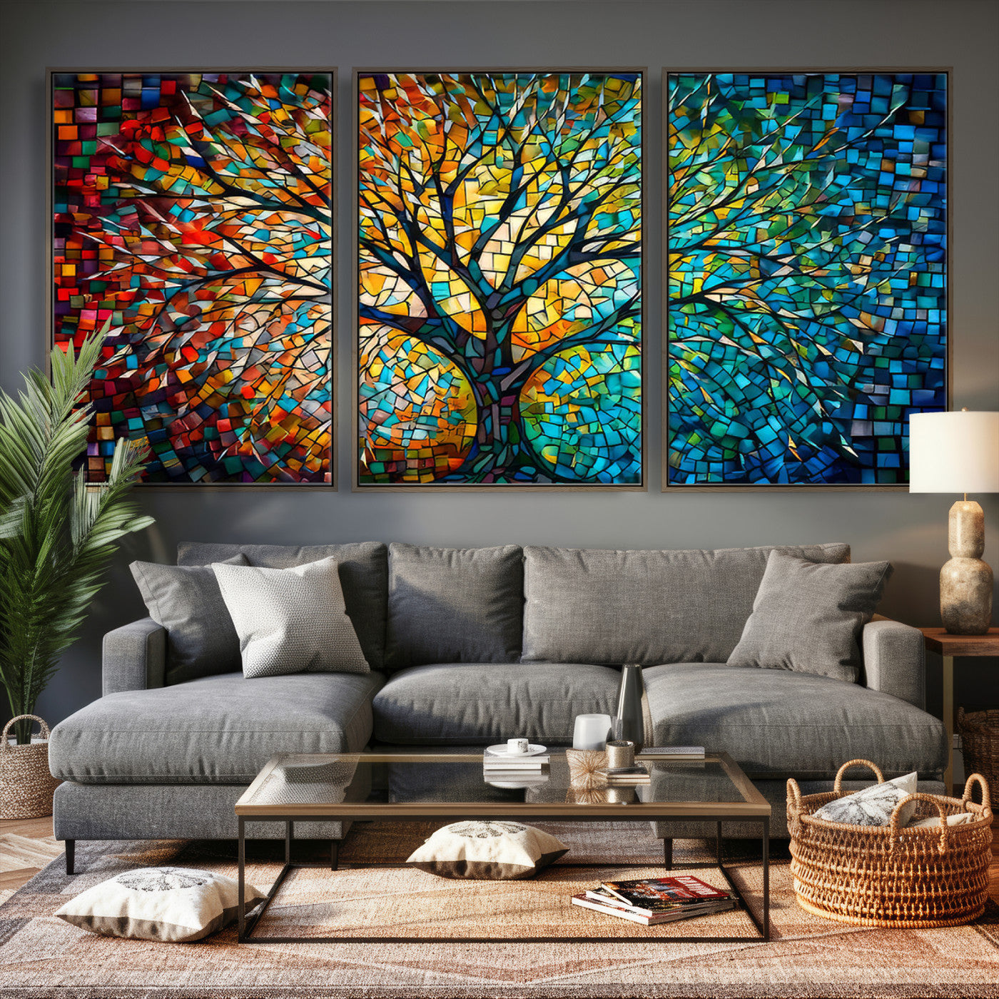 99325-MGV-CV-36X24 - Yggdrasil Tree of Life Wall Art Print Canvas | Mosaic Style 3-Panel Canvas Print