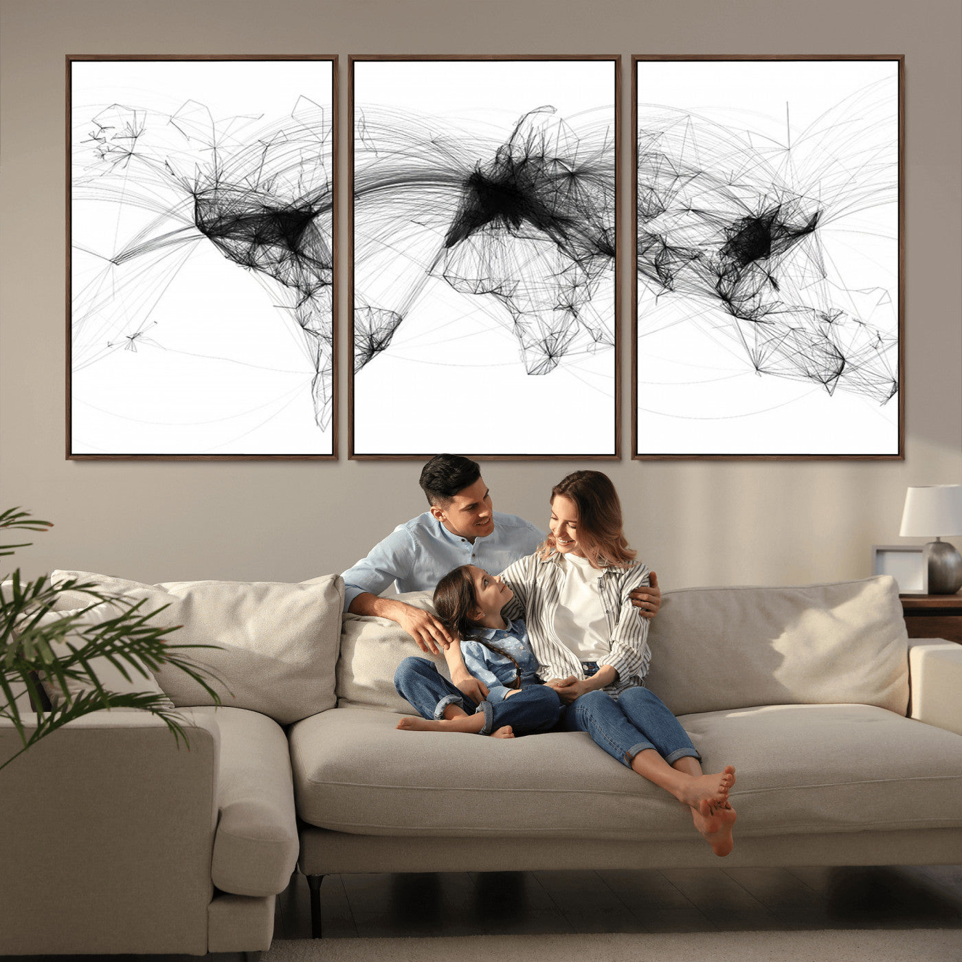 50136-MGV-CV-36X24-Abstract World Map Wall Art – Framed Geometric Line Canvas Artwork, Modern Global Design, Contemporary Decor for Home, Office
