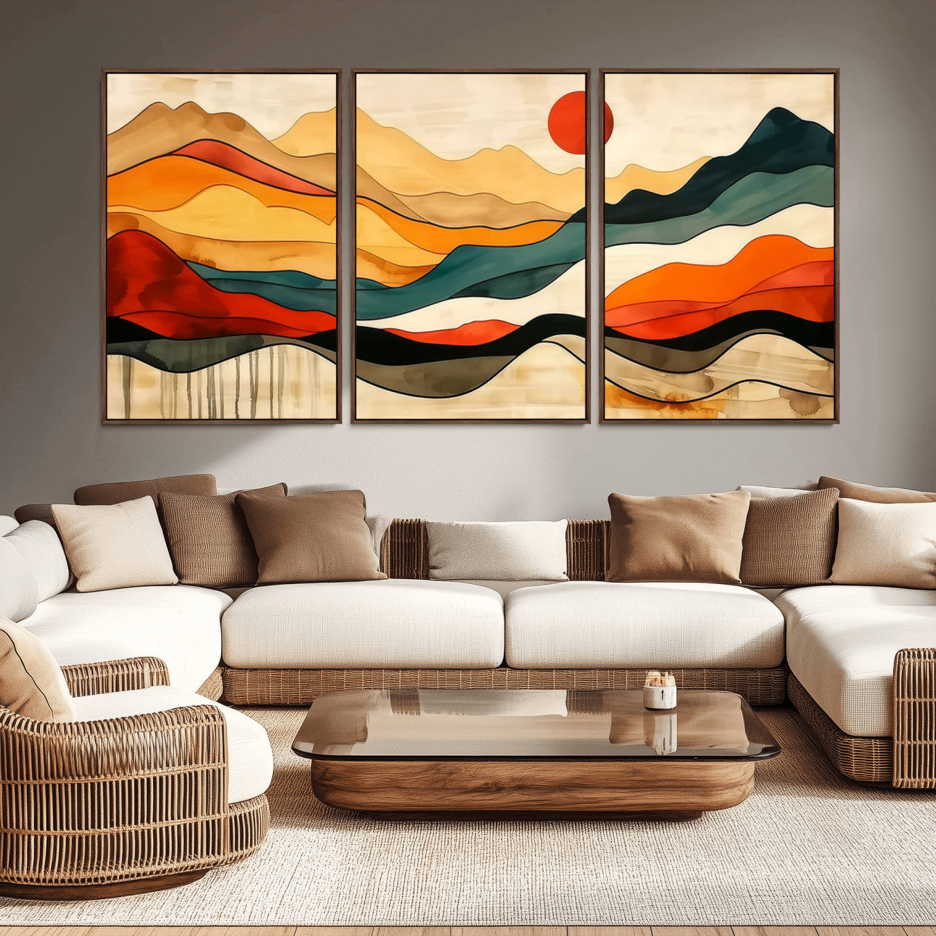A vibrant abstract landscape featuring layered hills in rich earth tones with a striking red sun, evoking warmth and movement in a minimalist style.