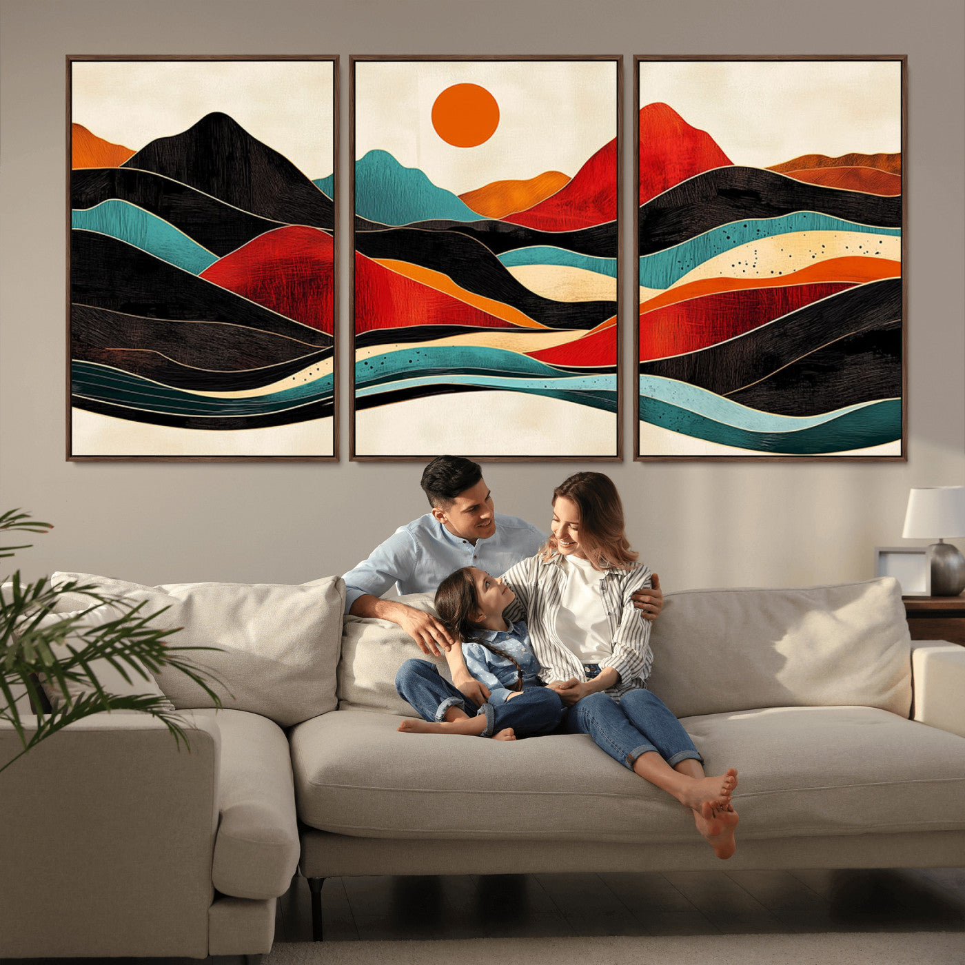 -Western Wall Decor - Large Triptych Mountain Canvas - Boho Woodland Wall Art Print - Framed