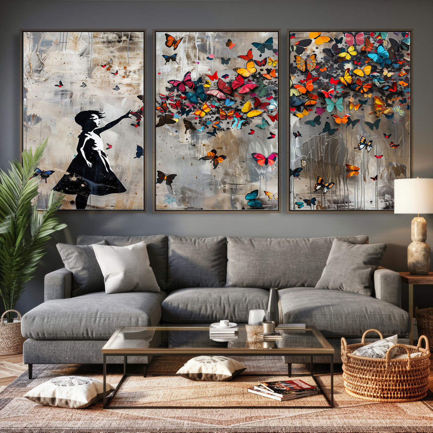 51446-MGV-CV-36X24 - Banksy Butterfly Girl Wall Art | 3-Piece Butterfly Girl Canvas