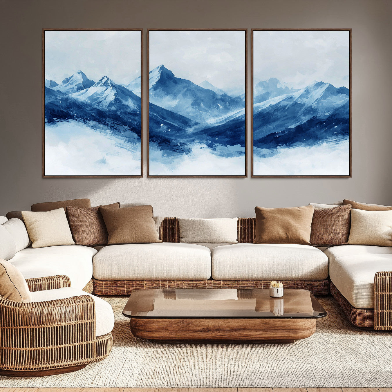 Peaceful watercolor-style painting of snowy blue mountains in soft tones, perfect for winter-themed or minimalist wall decor.