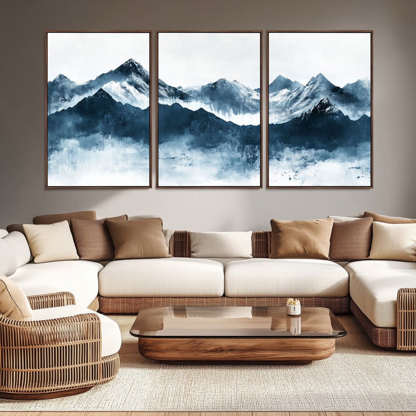 Abstract blue-toned canvas of snowy mountains in misty tones, ideal for minimalist or moody alpine-inspired home decor.