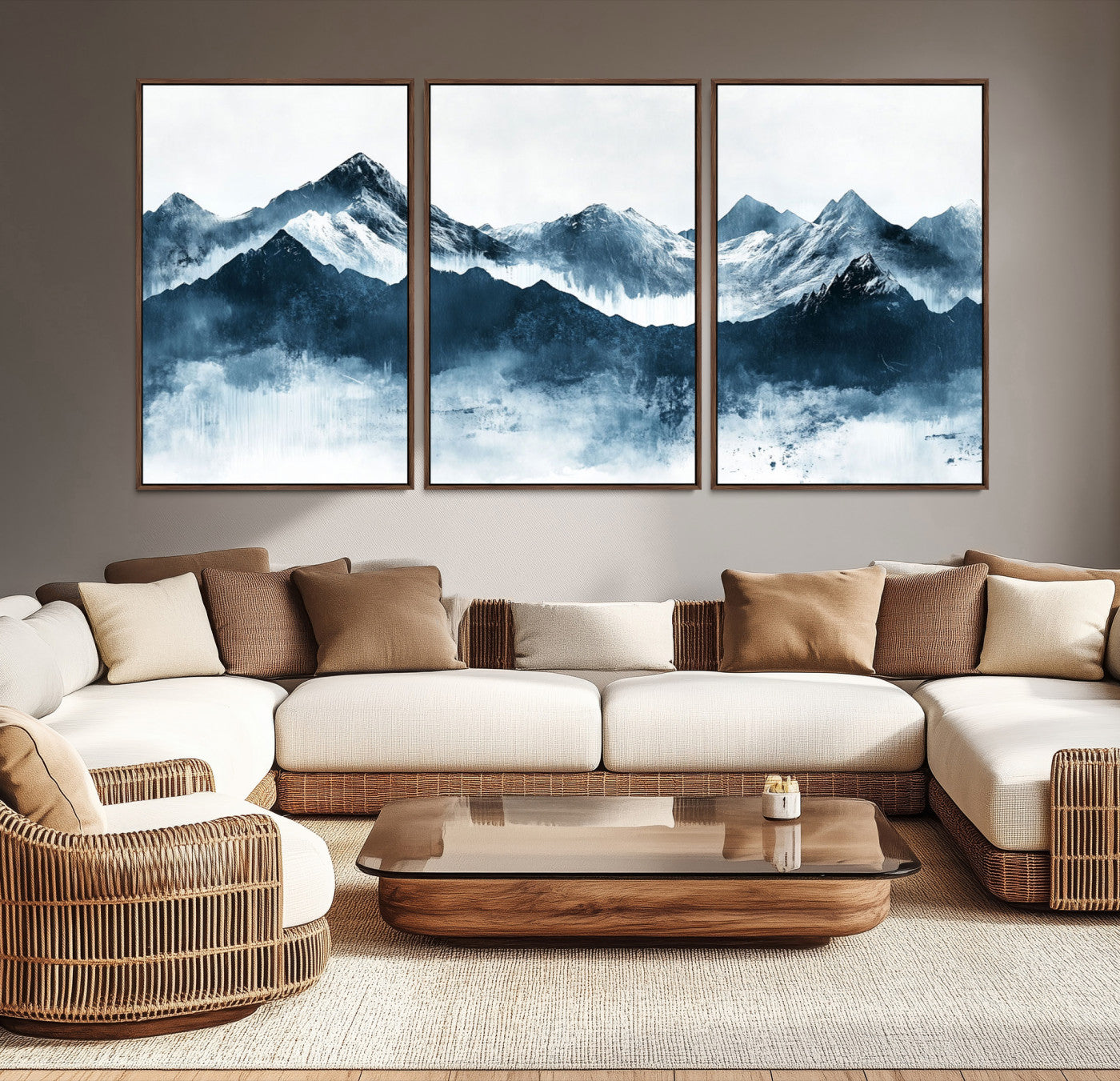 Abstract blue-toned canvas of snowy mountains in misty tones, ideal for minimalist or moody alpine-inspired home decor.