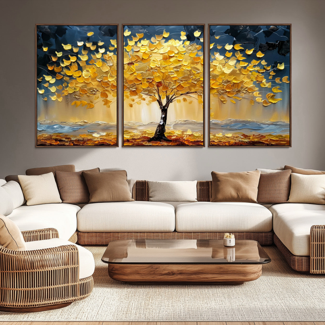 Canvas of a golden autumn tree with textured brushstrokes and moody blue skies, perfect for dramatic and vibrant home decor.