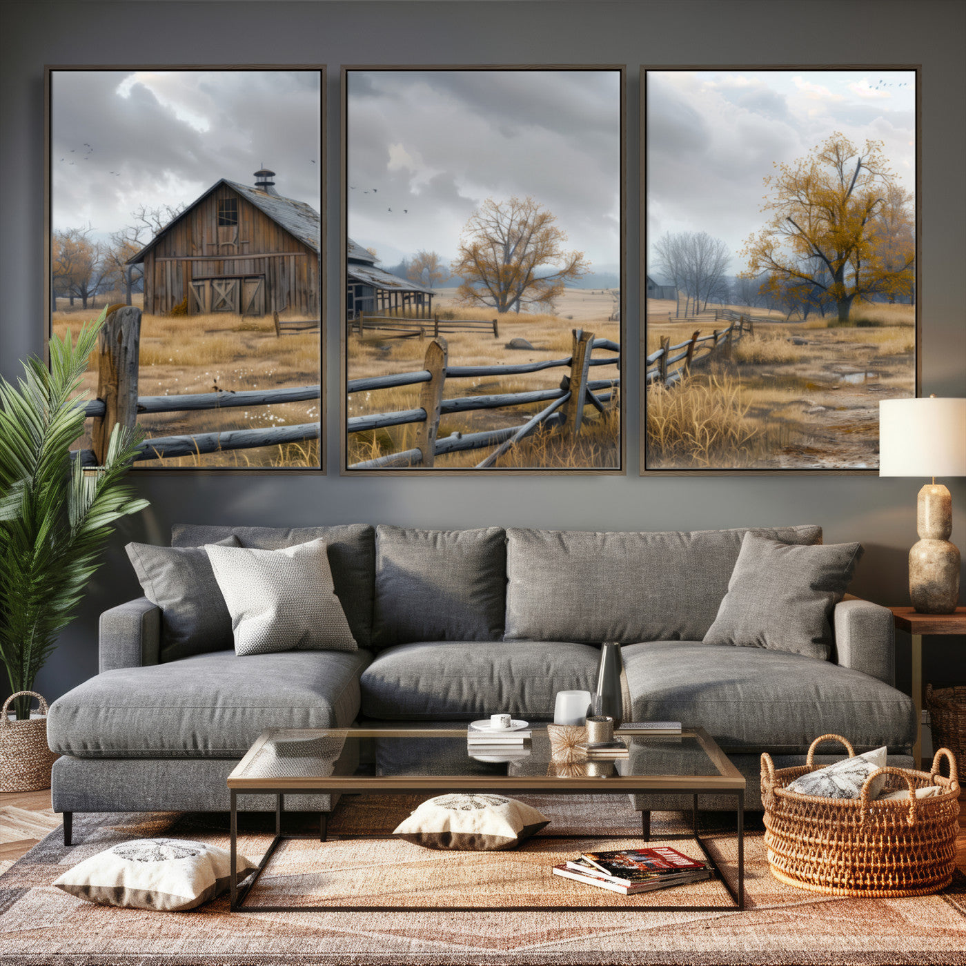 Farm1-MGV-CV-36X24 - Rustic Autumn Farmhouse Wall Art Canvas Print – Serene Countryside Scene with Weathered Barn and