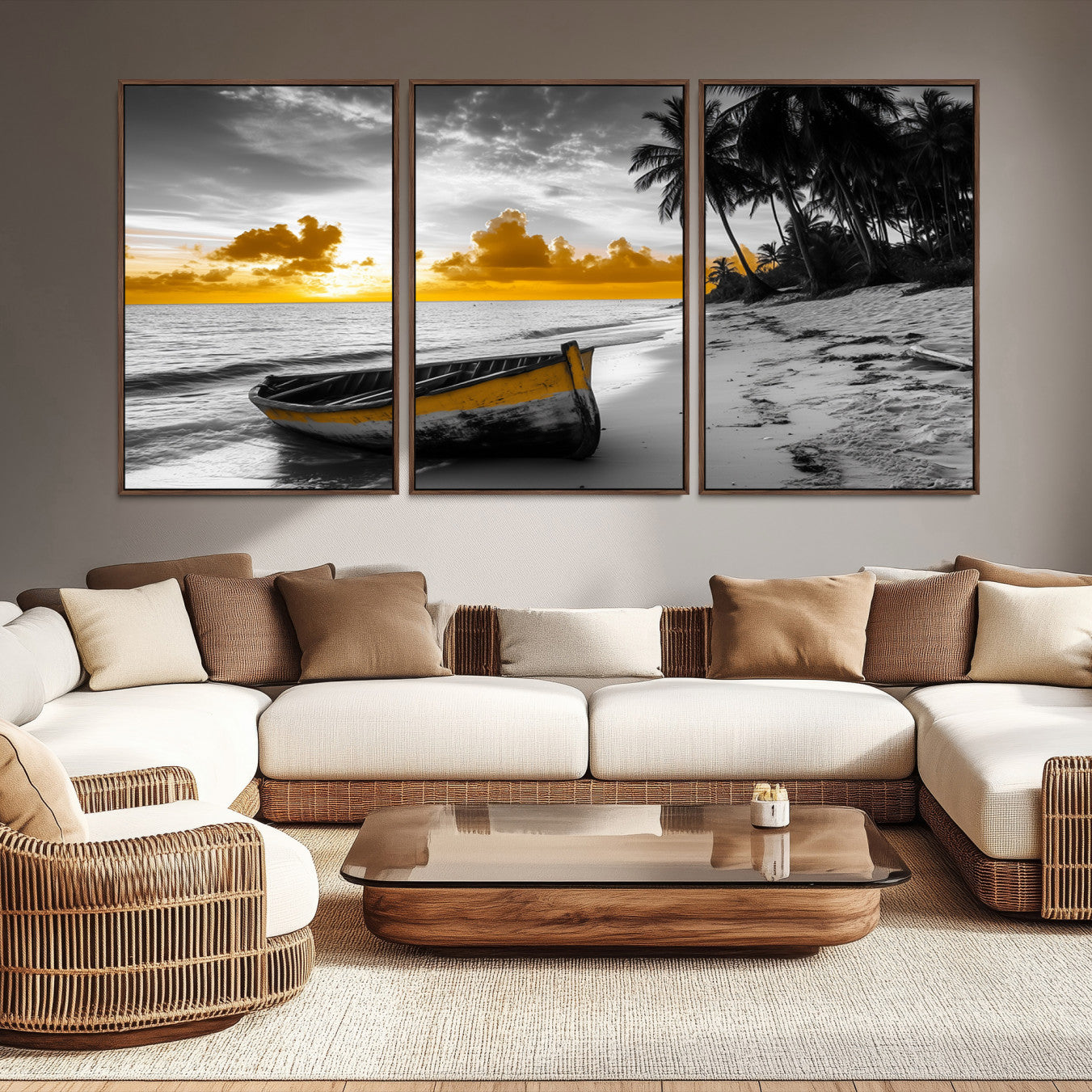 Canvas of a yellow rowboat on a black and white tropical beach with golden sunset sky, ideal for coastal or tropical-themed home decor.