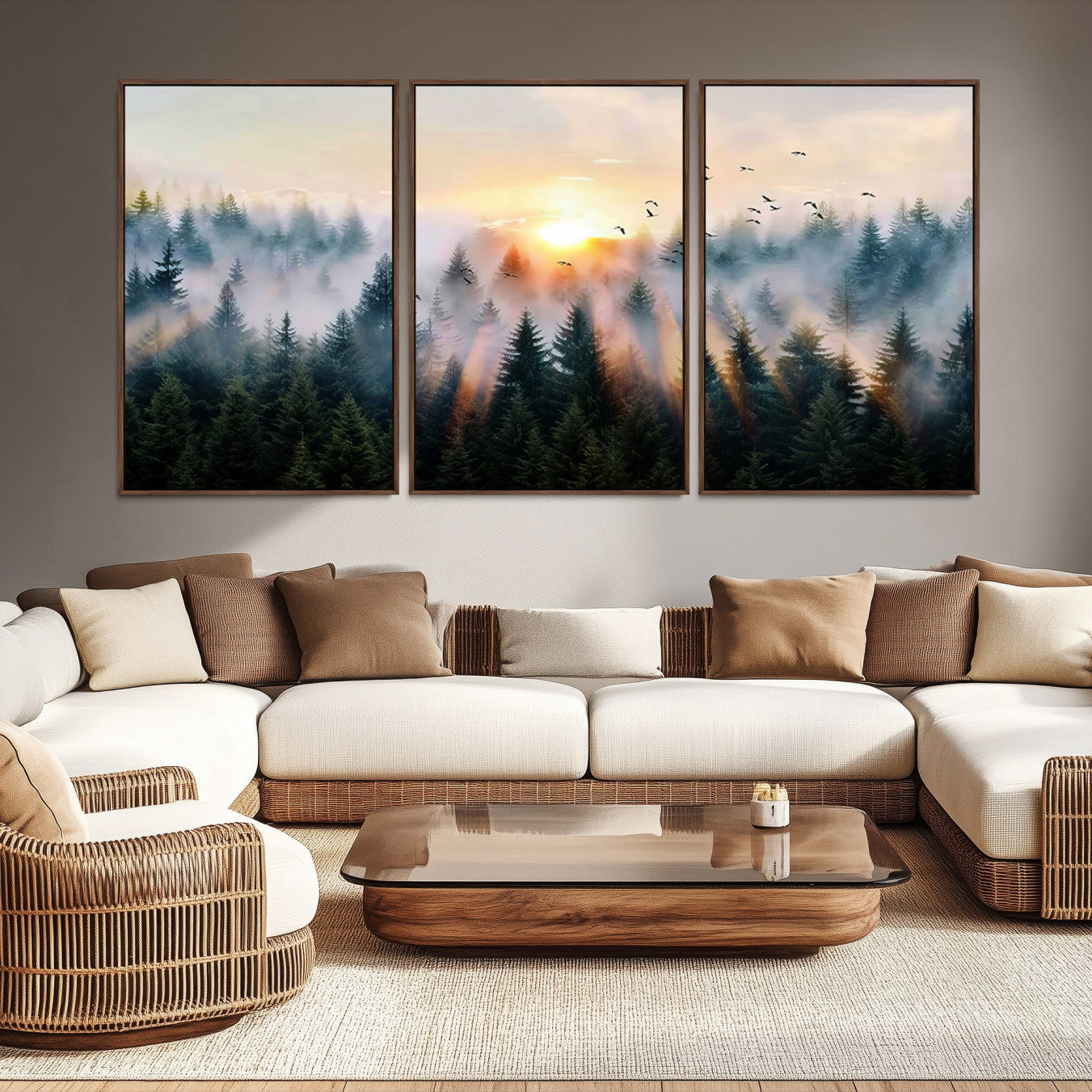 Canvas of a misty pine forest at sunrise with birds flying through golden morning rays, perfect for serene and moody woodland-style home decor.
