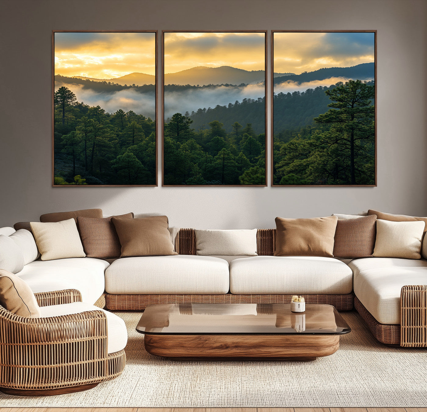 Canvas of misty pine-covered mountains at sunrise, featuring golden light and fog layers, ideal for tranquil earthy home decor.