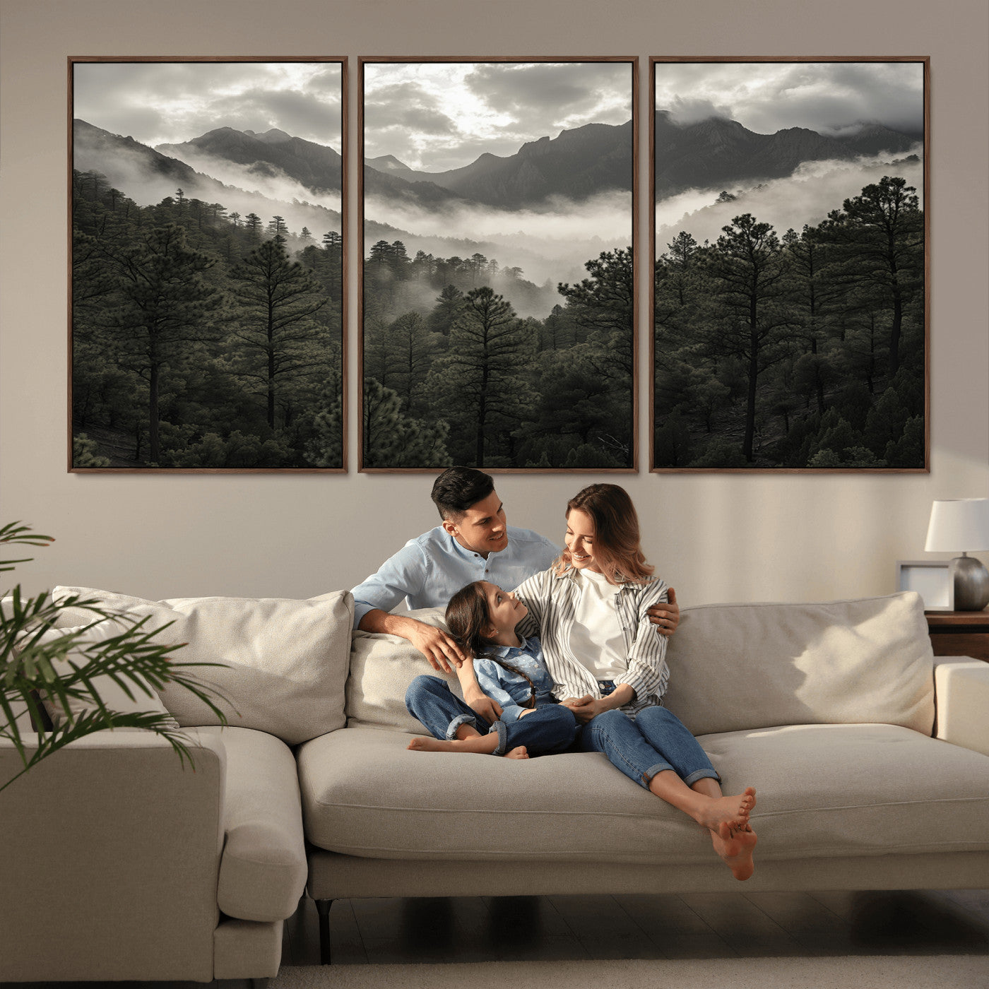 MGV-FC-60X30-3P - Misty Mountain Forest Wall Art – Canvas Print of Cloudy Peaks, Tranquil Pines, Enchanted Landscape, Majestic Nature Decor for Home or Office