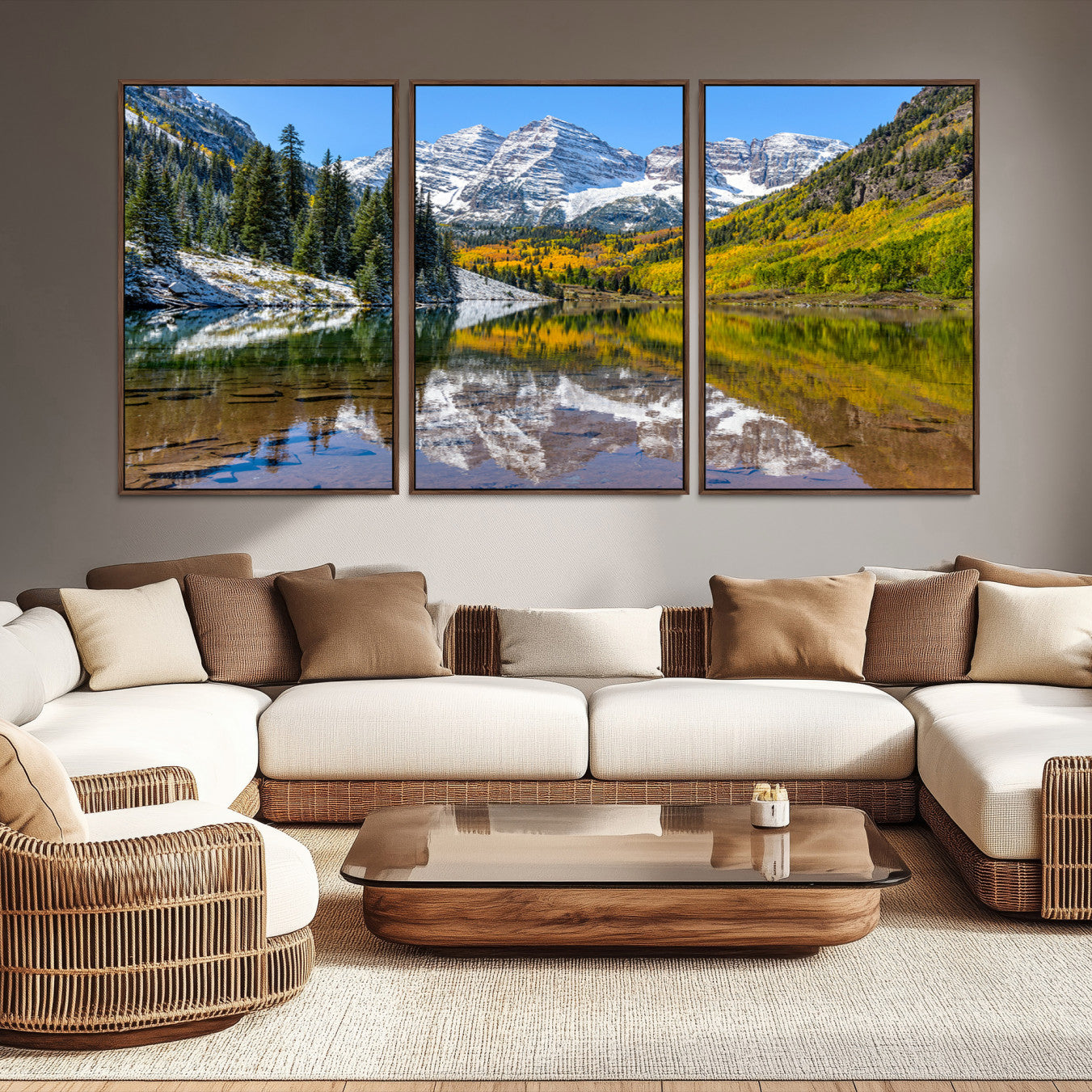 Canvas of Maroon Bells reflected in a clear alpine lake, with golden aspens and snowy peaks, ideal for crisp autumn or mountain-themed decor.