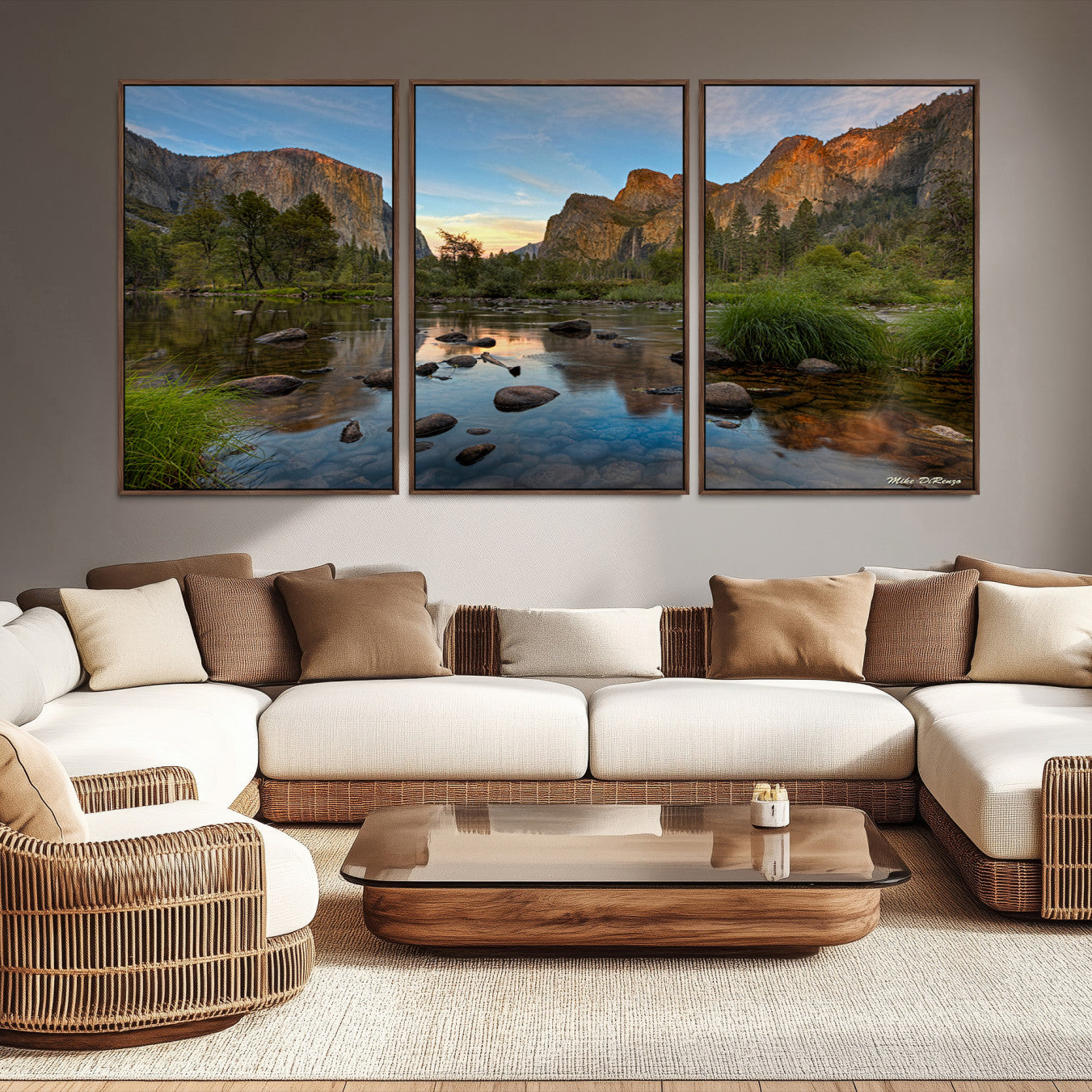 Canvas of Yosemite Valley with El Capitan and sunset reflections in a calm river, perfect for rustic or nature-themed décor.