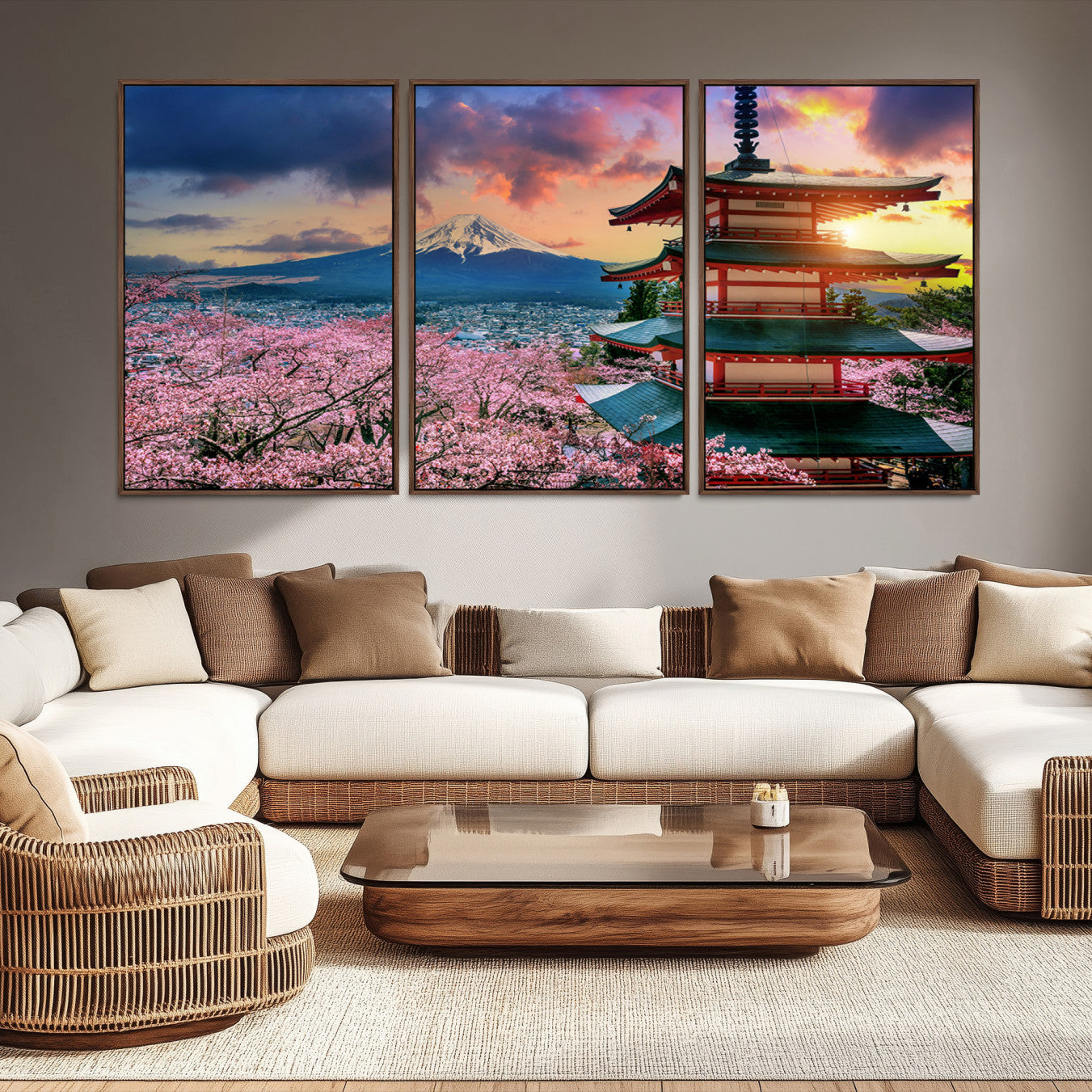 Mount Fuji & Cherry Blossom Wall Art Canvas Print – Iconic Japanese Landscape, Sakura Pagoda Sunset, Multi-Panel Framed Artwork for Home, Office & Zen Decor