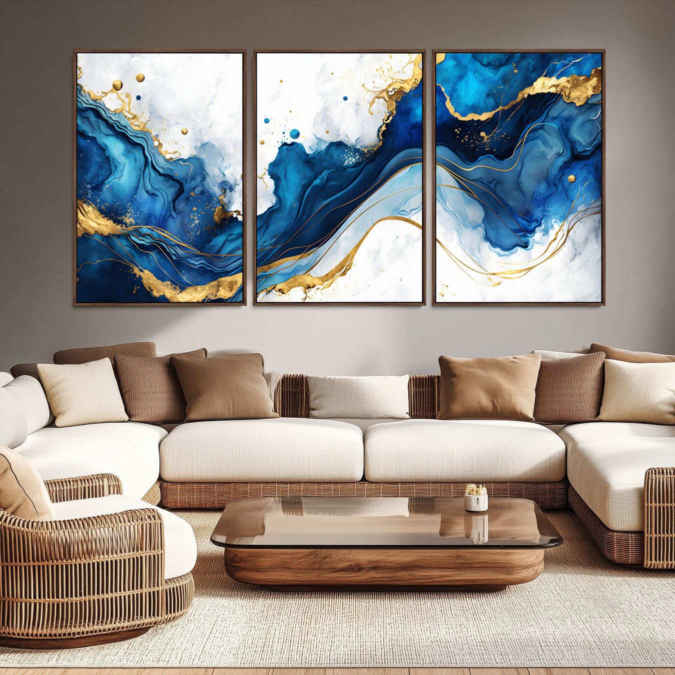 33506371-MGV-CV-48X32-3P-Blue Marble Wall Art Canvas Print – Framed Gold Splash Wave Design Modern Abstract Artwork for Home, Office