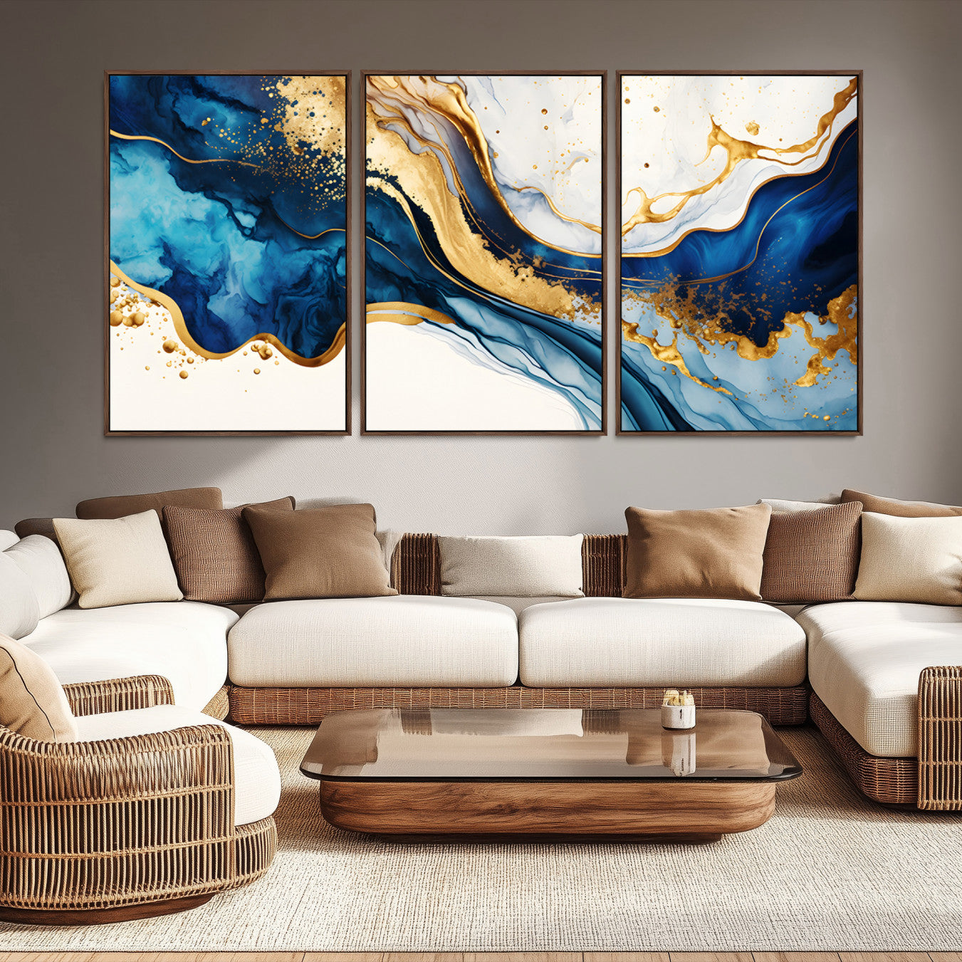 60283636-MGV-CV-48X32-3P-Blue Gold Flow Wall Art Canvas Print – Framed Marble Design Elegant Splash Abstract Artwork for Home, Office