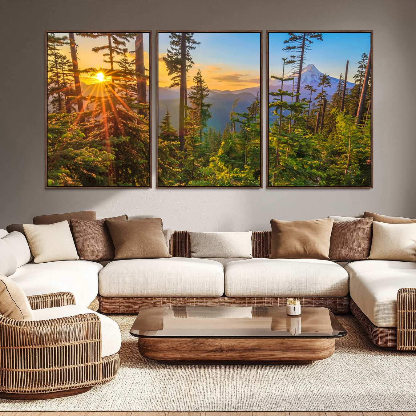 -Forest Sunset Wall Art Canvas Print, Framed Sunset Trees Art Picture Print, Green Pines Perfect