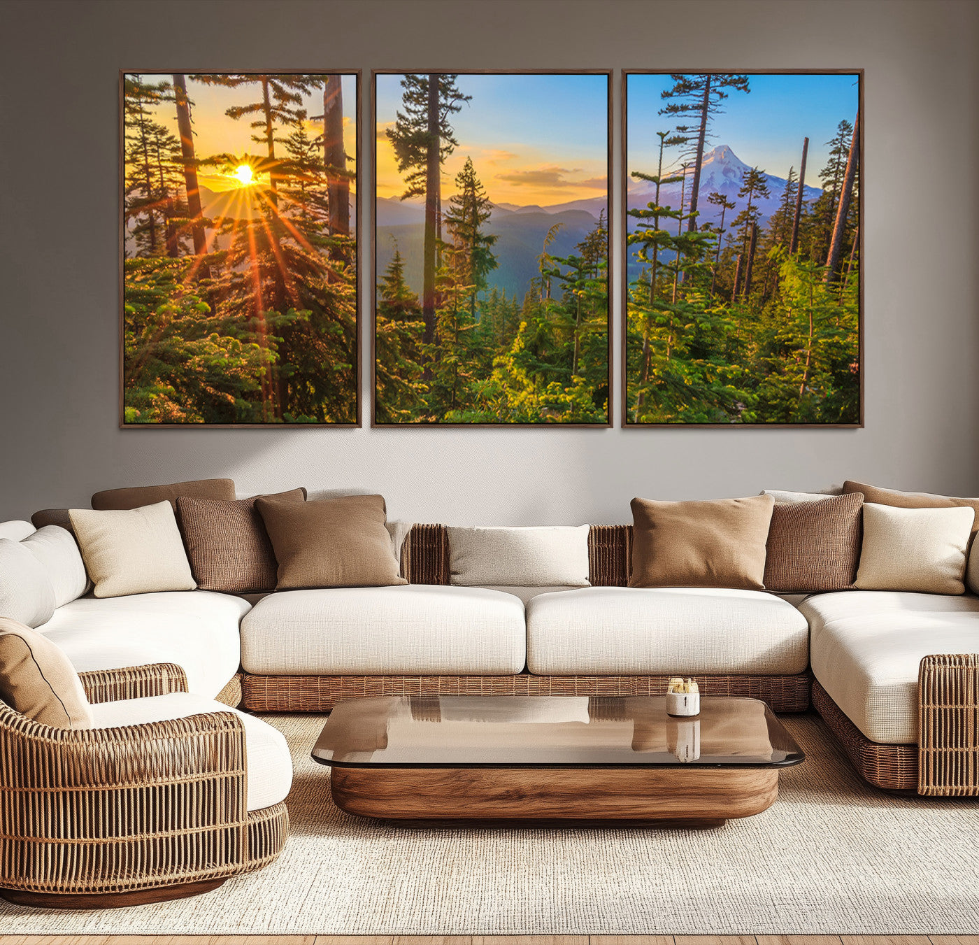83544043-MGV-CV-48X32-3P-Forest Sunset Wall Art Canvas Print, Glowing Evening Light Through Green Pines and Trees Artwork for Home, Office