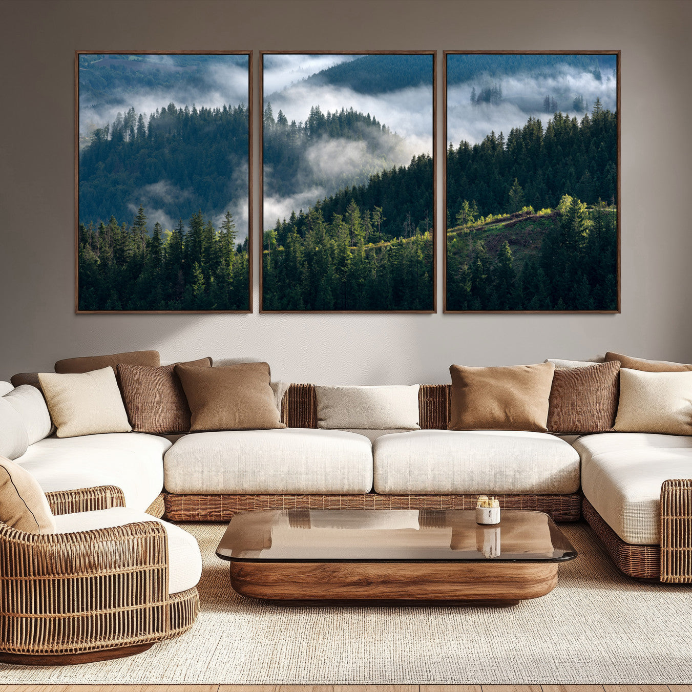 -Misty Forest Wall Art Canvas Print, Framed Pine Hills Art Picture Print, Misty Forest Print,