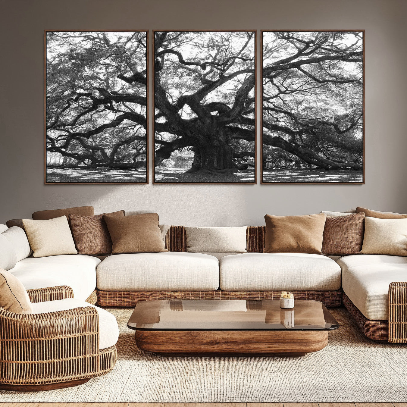 Black and white canvas of an ancient oak tree with sprawling, twisted branches, ideal for moody nature-inspired or rustic decor.