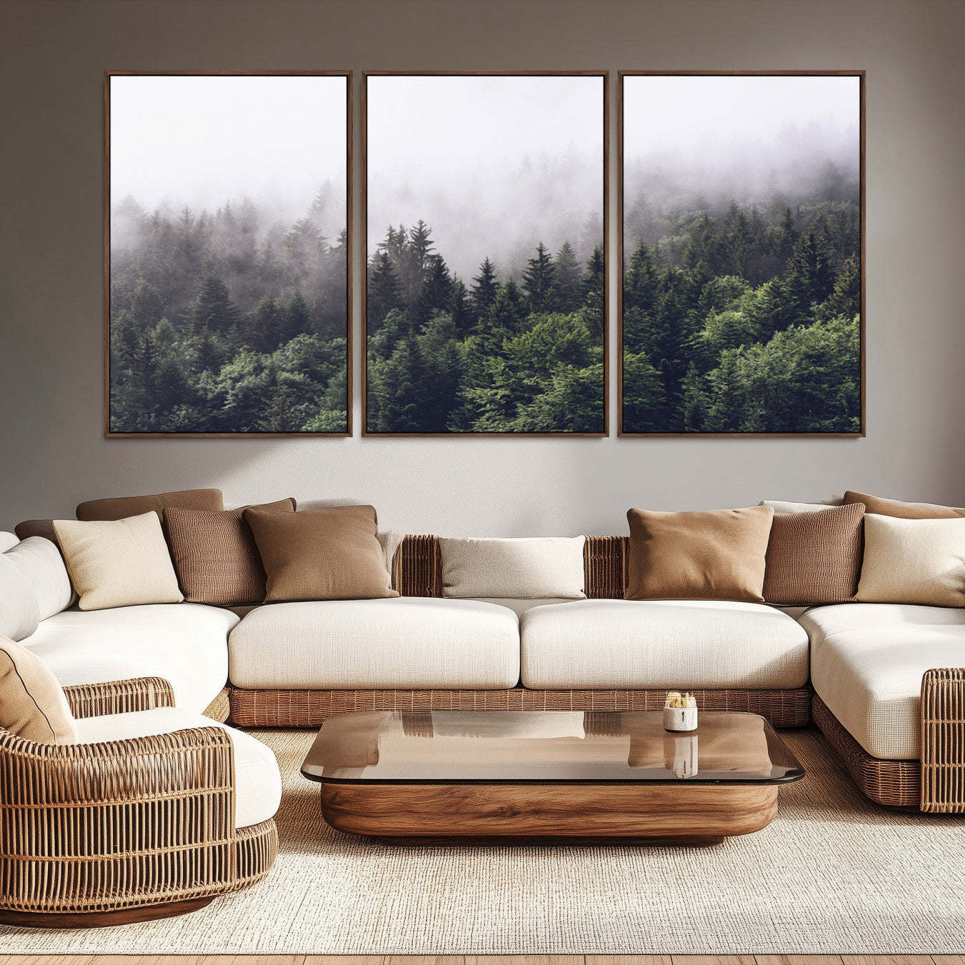 Canvas of dense misty forest in dark green tones, ideal for moody forest or atmospheric woodland-themed home decor.