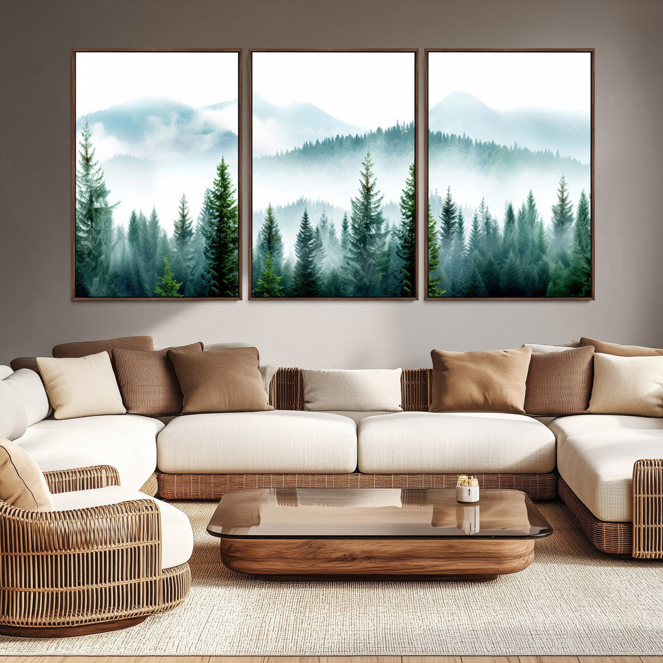 -Pine Forest Wall Art Canvas Print, Framed Misty Mountains Art Picture Print, Foggy Trees Perfect