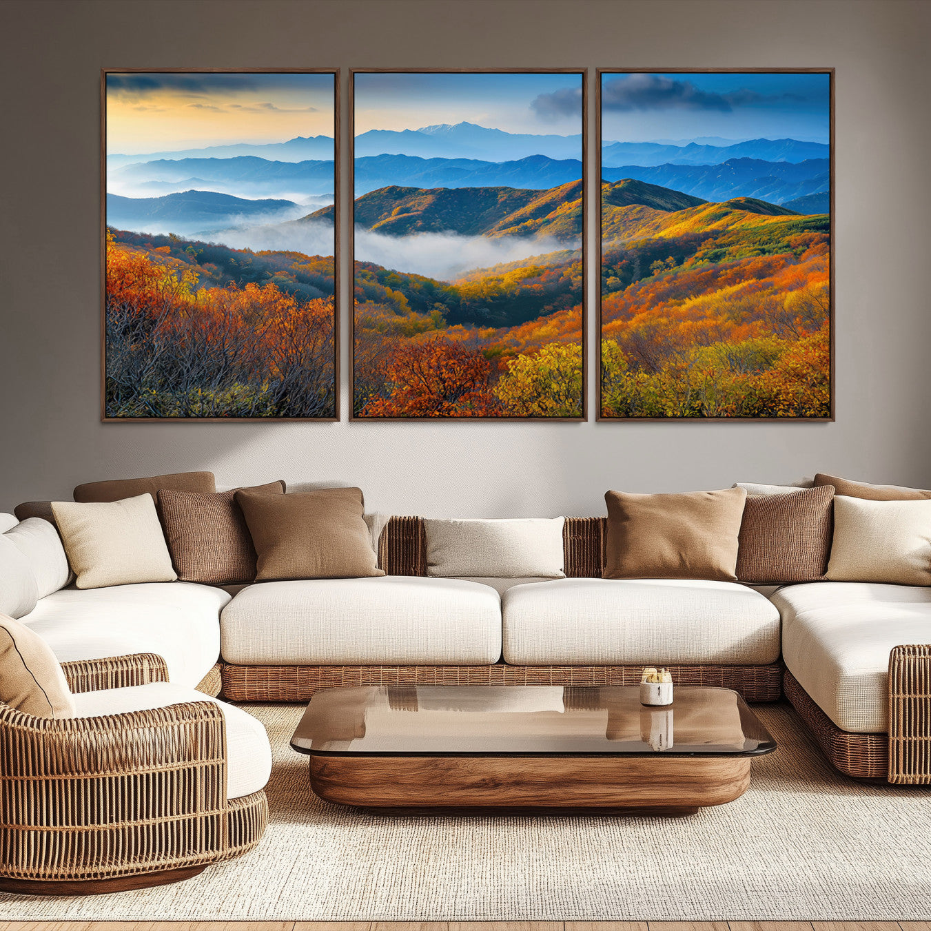 -Autumn Mountains Wall Art Canvas Print, Autumn Mountain Foggy Landscape Wall Art Canvas Print,
