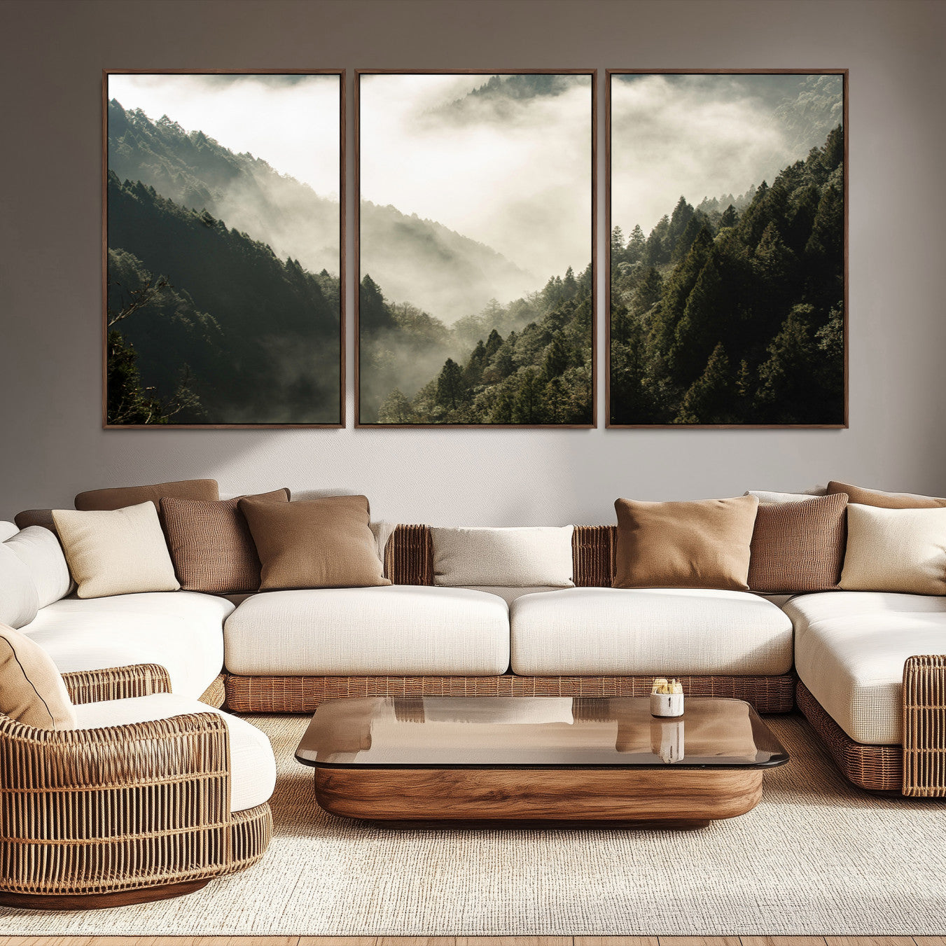 -Misty Valley Canvas Print, Framed Foggy Forest Art Picture Print, Pine Trees Perfect Moody Woodland