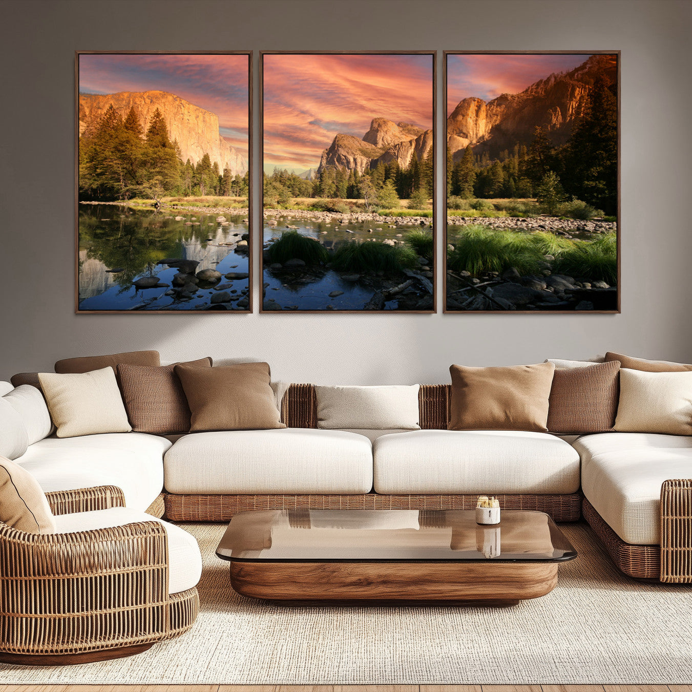 -Yosemite Valley Canvas Wall Art, Framed El Capitan Art Picture Print, Sunset Sky Perfect Vibrant