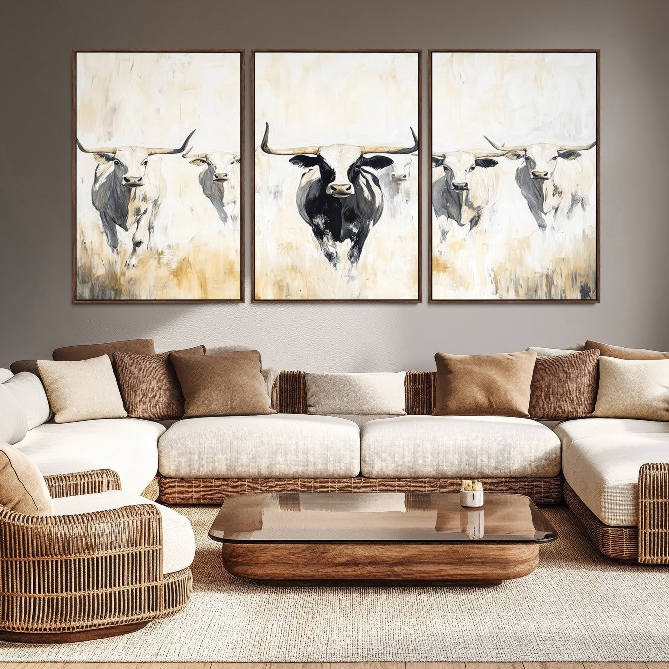 -Texas Longhorn Canvas Print, Framed Rustic Herd Art Picture Print, Western Bull Perfect Neutral
