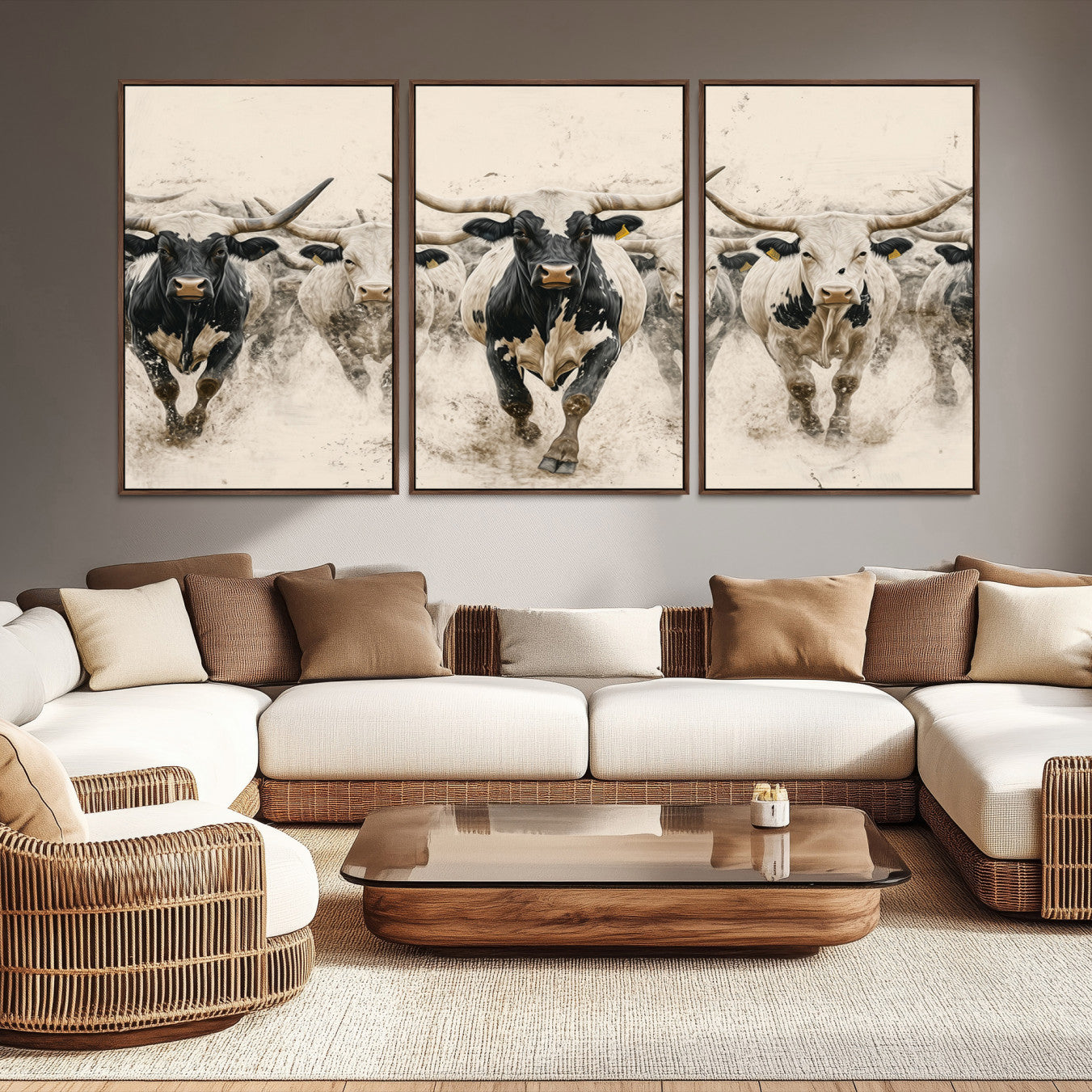 Canvas artwork of Texas Longhorn bulls walking in a dusty herd, ideal for rustic Western or country-style interior decor.