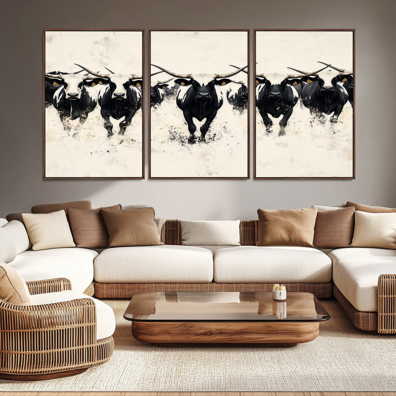 Canvas artwork of black and white Texas longhorns in a bold stampede over a minimalist background, ideal for rustic modern or Western-themed decor.