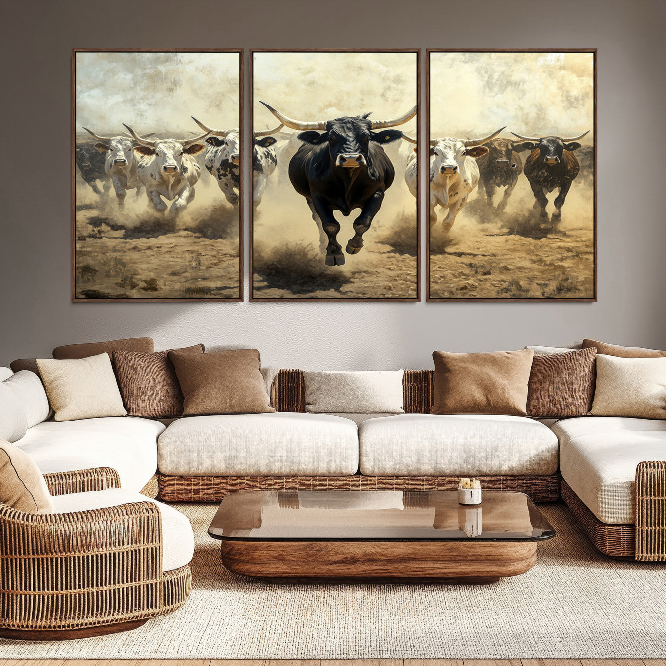 Dynamic canvas showing a Texas Longhorn stampede with earthy tones and bold movement, perfect for rustic or Western-style interiors.