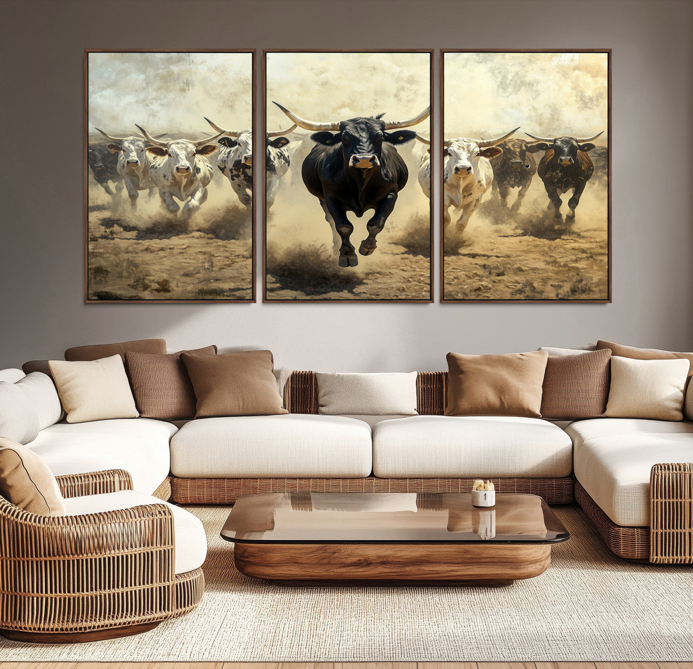 Dynamic canvas showing a Texas Longhorn stampede with earthy tones and bold movement, perfect for rustic or Western-style interiors.